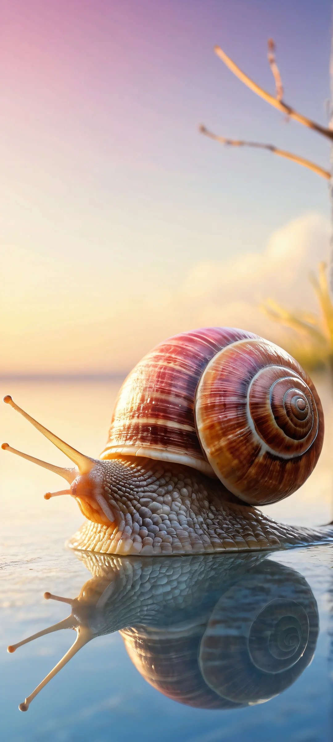 A smiling snail with intricate shell and antennae on a pristine white background. Parfait pour les écrans d'accueil iPhone/Android.
