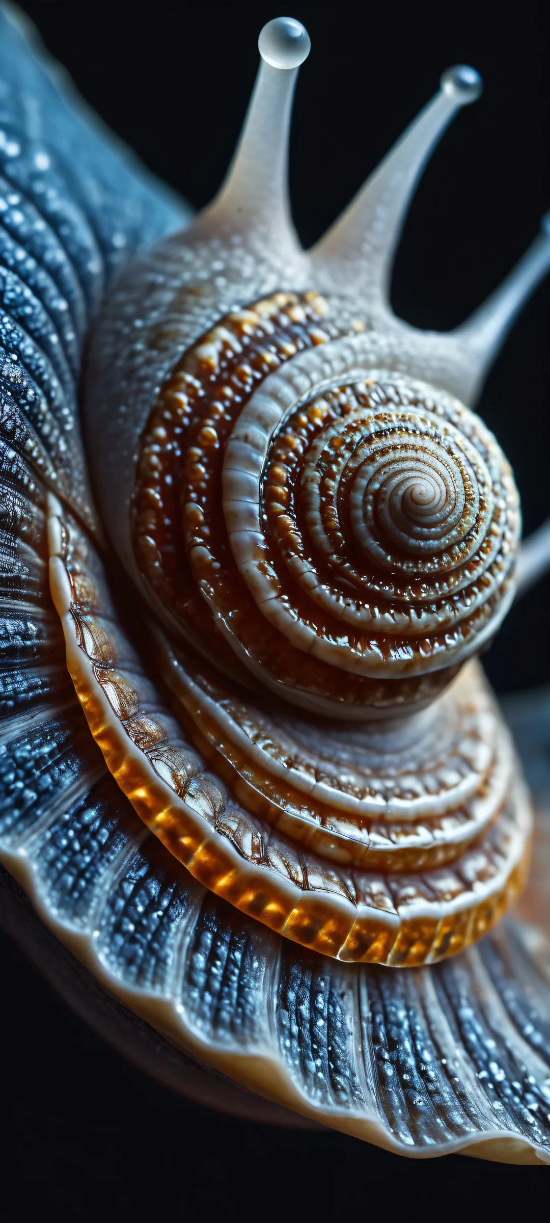 A snail's smile, iPhone/Android wallpaper with intricate shell patterns and soft facial features. Perfect for dark mode themes.