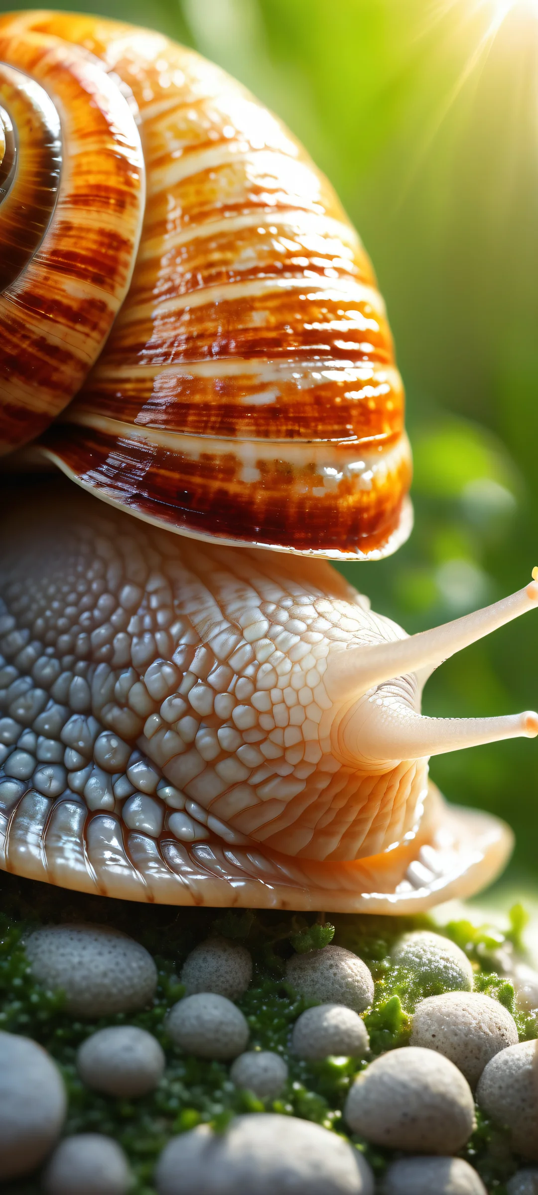 A smiling snail on a scenic landscape with intricate textures and patterns, perfectly optimized for iPhone and Android home screens.