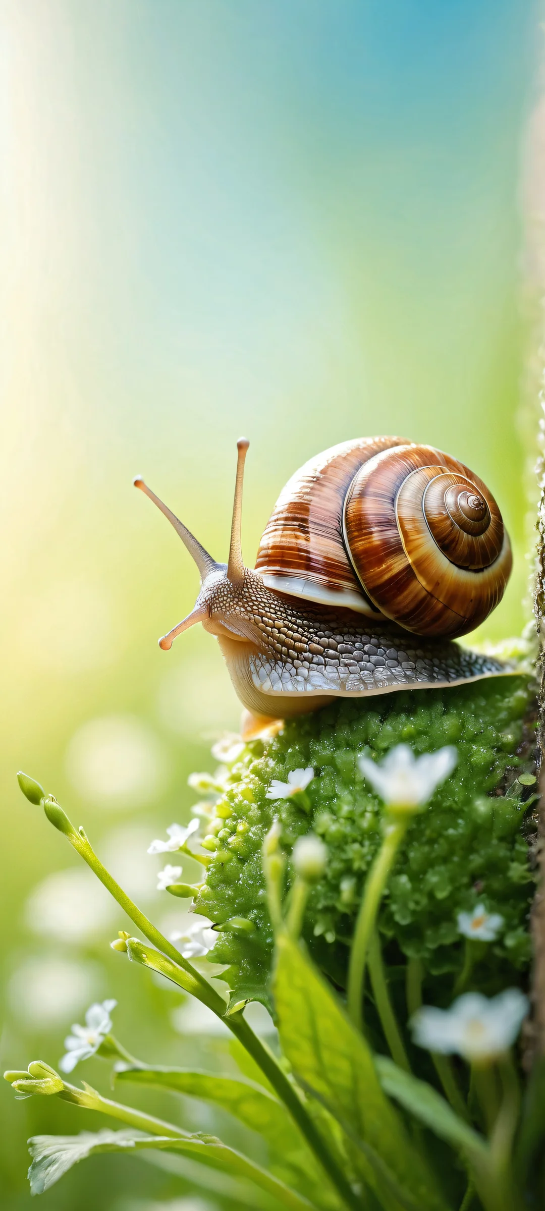 A smiling snail amidst a void background with lush meadow and micro-details on iPhone/Android
