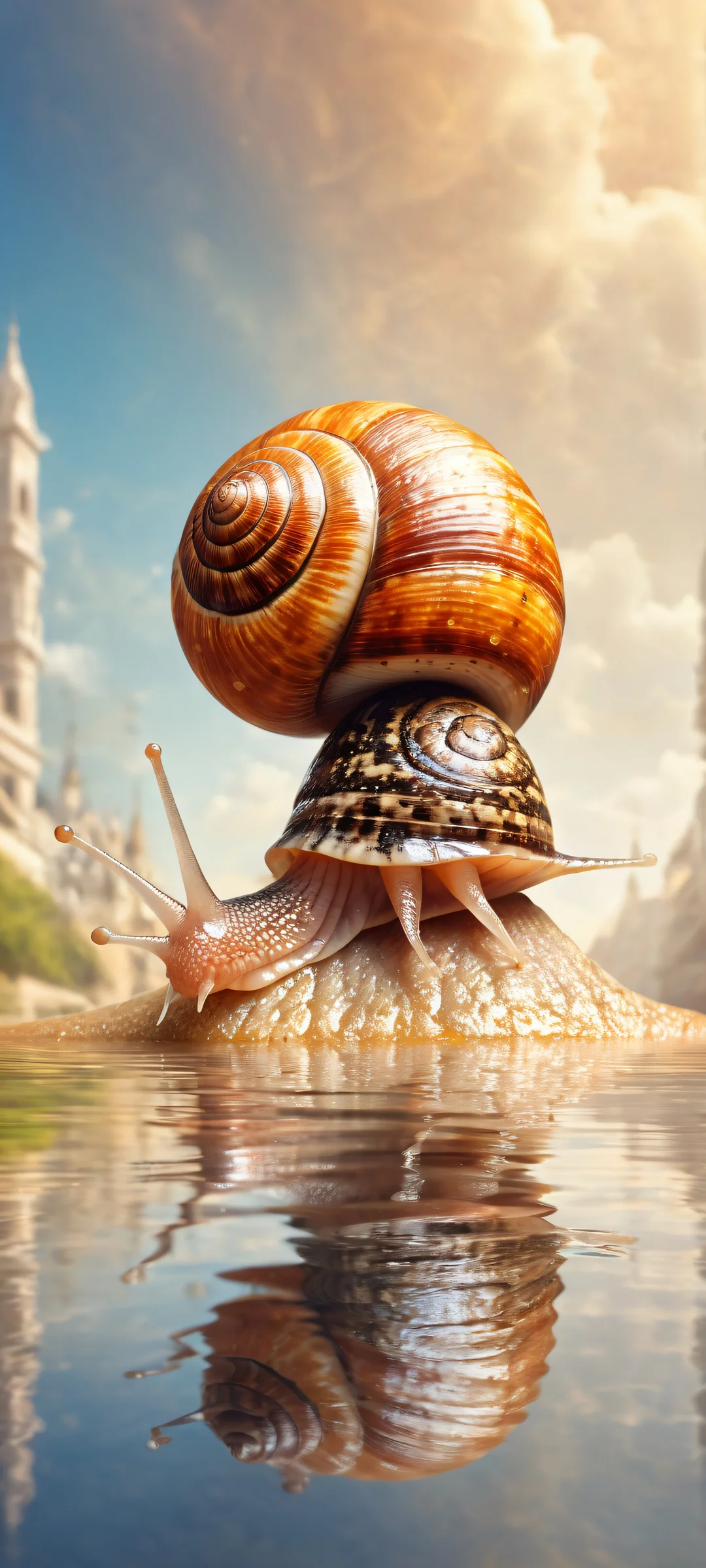 A playful snail opens its mouth to a wide grin on an empty white background, parfaitement optimisé pour les écrans d'accueil iPhone et Android.