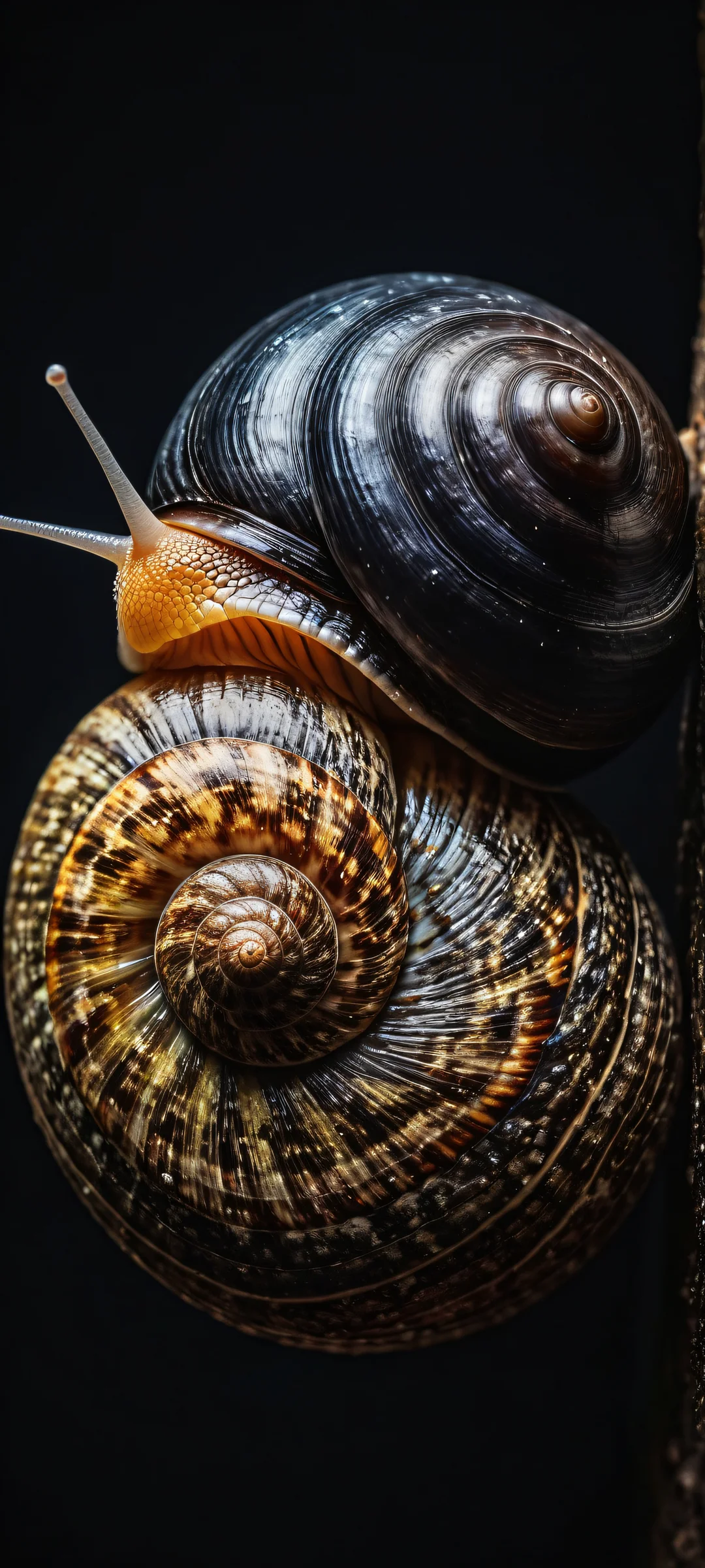 A smiling snail surrounded by a dark gradient on iPhone/Android, with intricate details and luminescent accents.