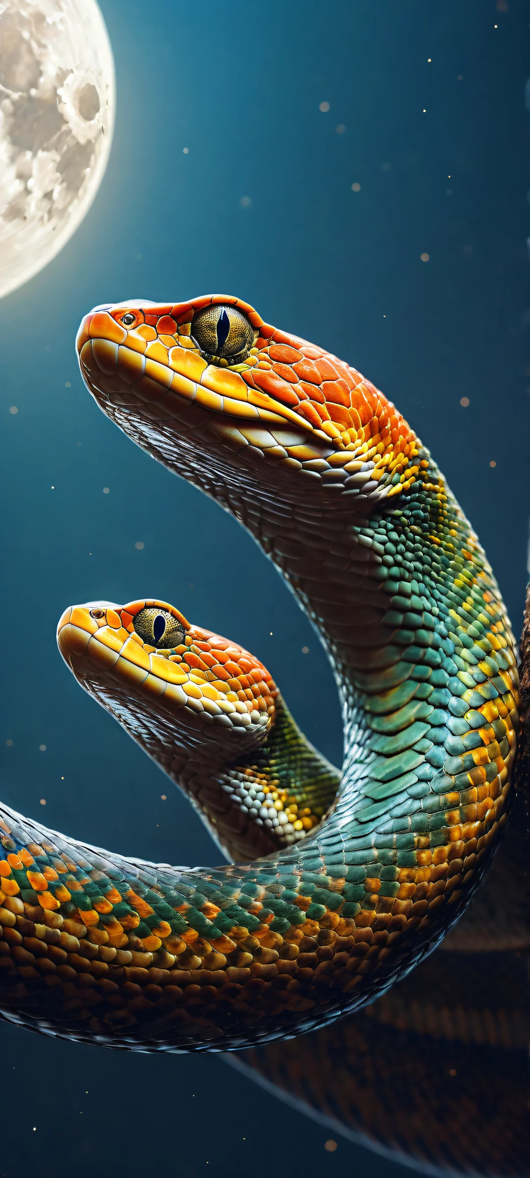 Breathtaking portrait artwork of a snake placed in the lower-middle with intricate details, set against a crescent moon-shaped background, perfectly optimized for iPhone, Samsung Galaxy, and Android home screens.