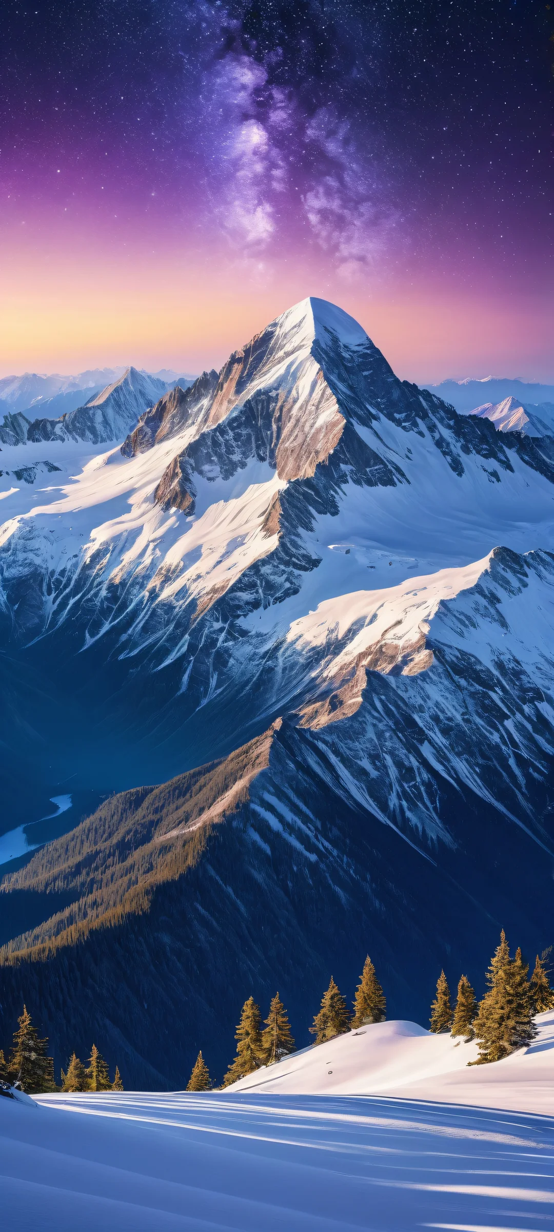 A breathtaking vertical portrait artwork of Snow-Capped Peaks on iPhone/Android, featuring intricate micro-details and ray-traced reflections off the snow-capped peaks.