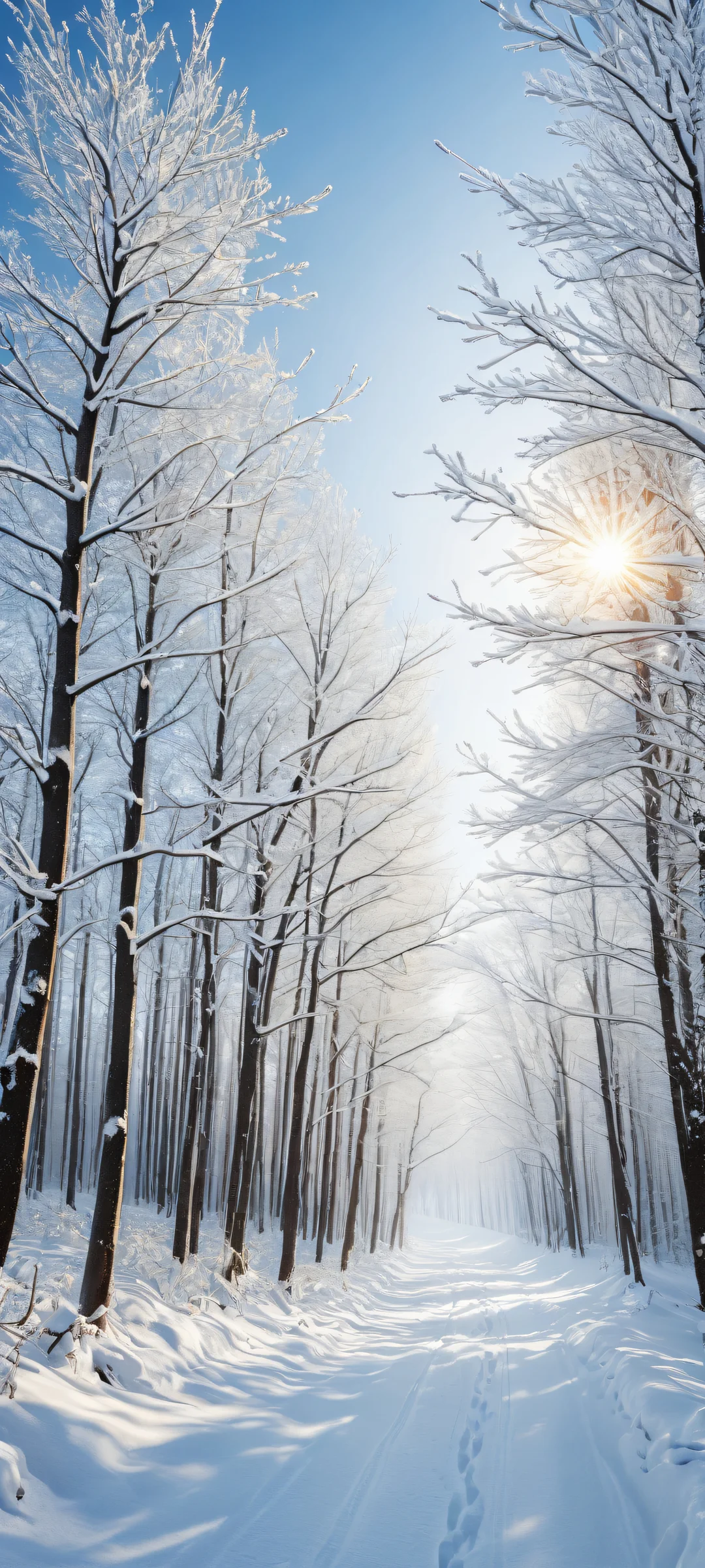 Ethereal winter scene featuring snow-covered trees and a vast, empty sky perfect for iPhone/Android home screens.