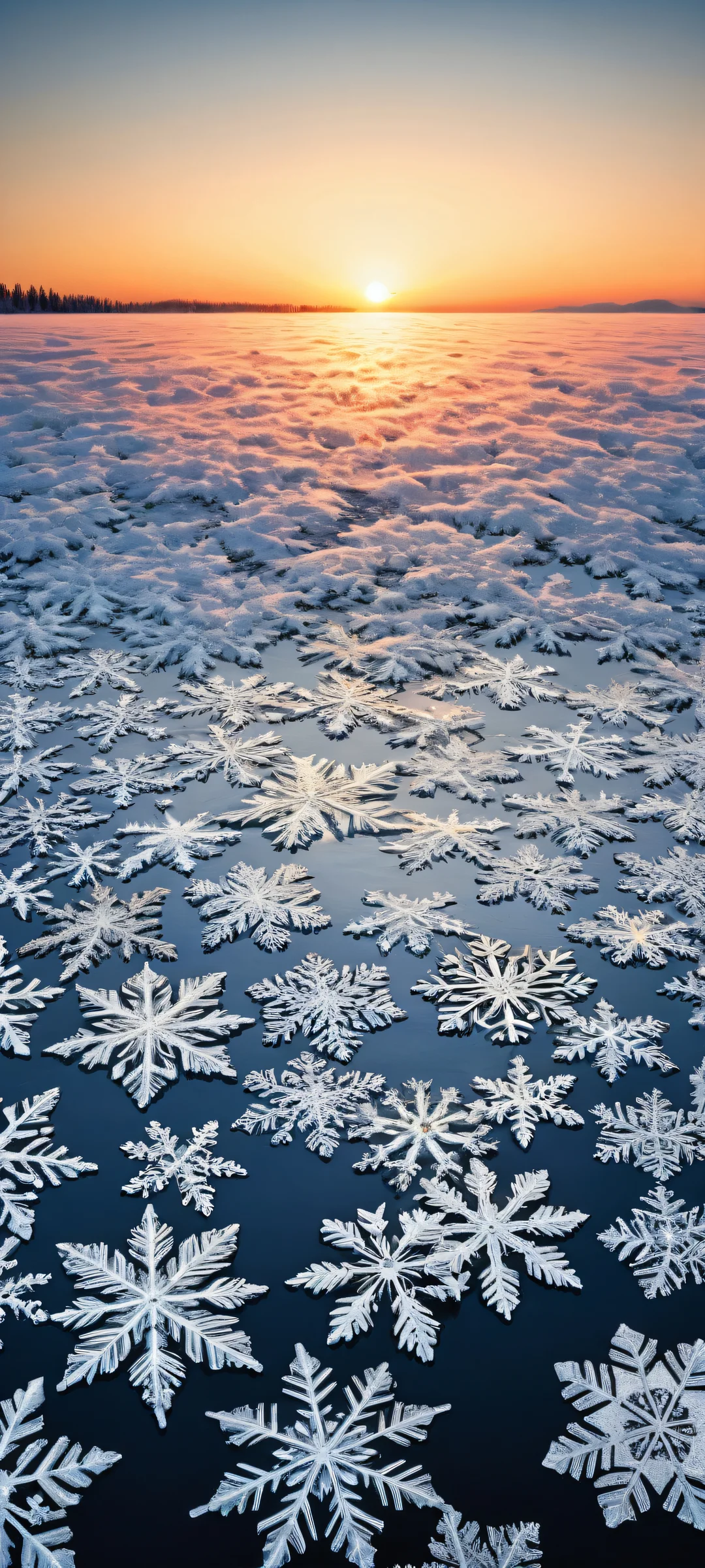 iPhone and Android users will be mesmerized by this breathtaking vertical portrait artwork of snowflakes set against a vast, pure void, reflecting the serene coldness of an icy horizon.