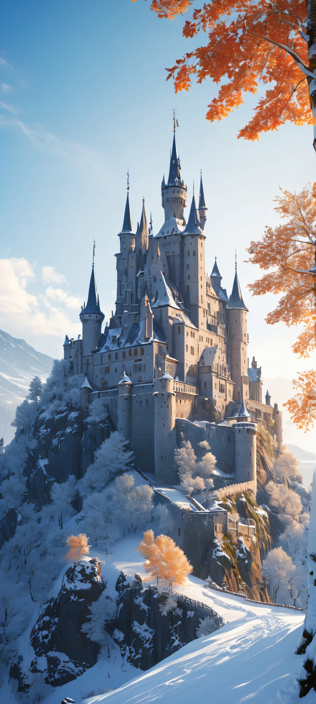 Breathtaking snow-covered medieval castle artwork for iPhone/Android home screens with stunning visual impact and radiant colors.