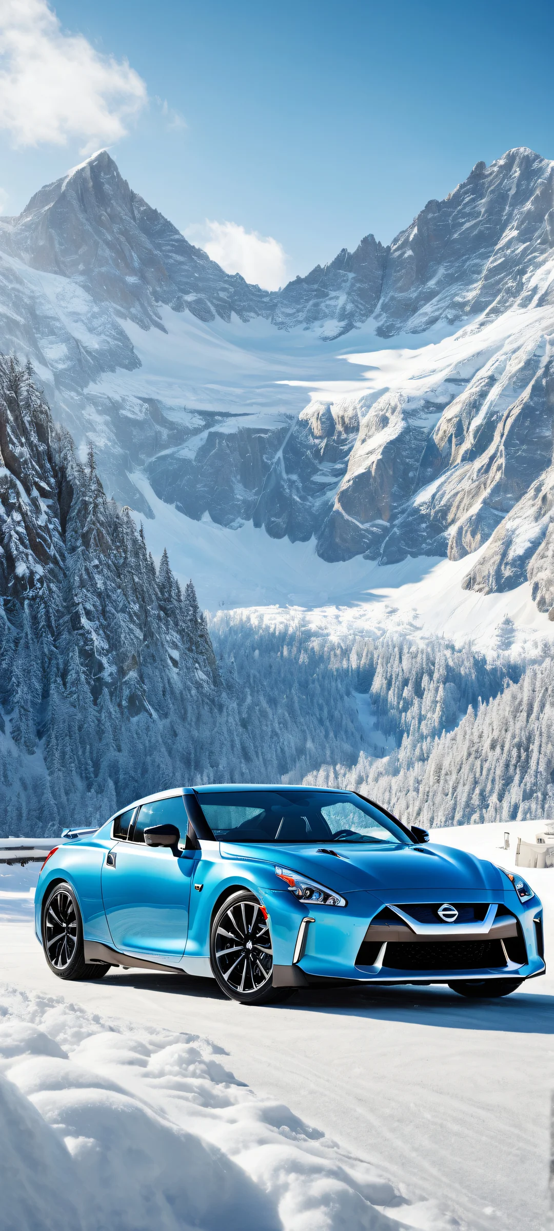 A serene Nissan car amidst a breathtaking snowy mountain peak, perfekt für iPhone/Android-Startbildschirme.