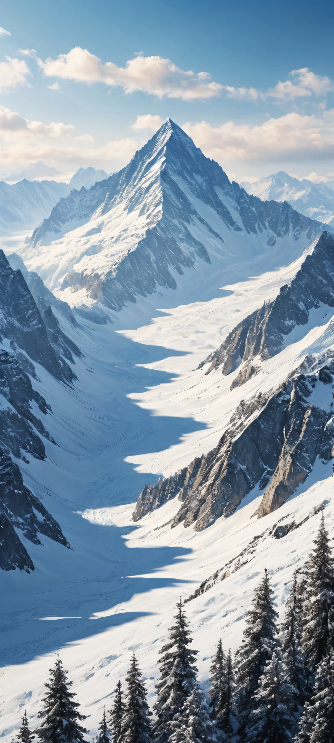 Breathtaking digital artwork of snow-capped mountains on an iPhone or Android home screen, with intricate tree textures and misty valleys in the lower-middle. Perfectly clean top half with a vast pure blue sky.