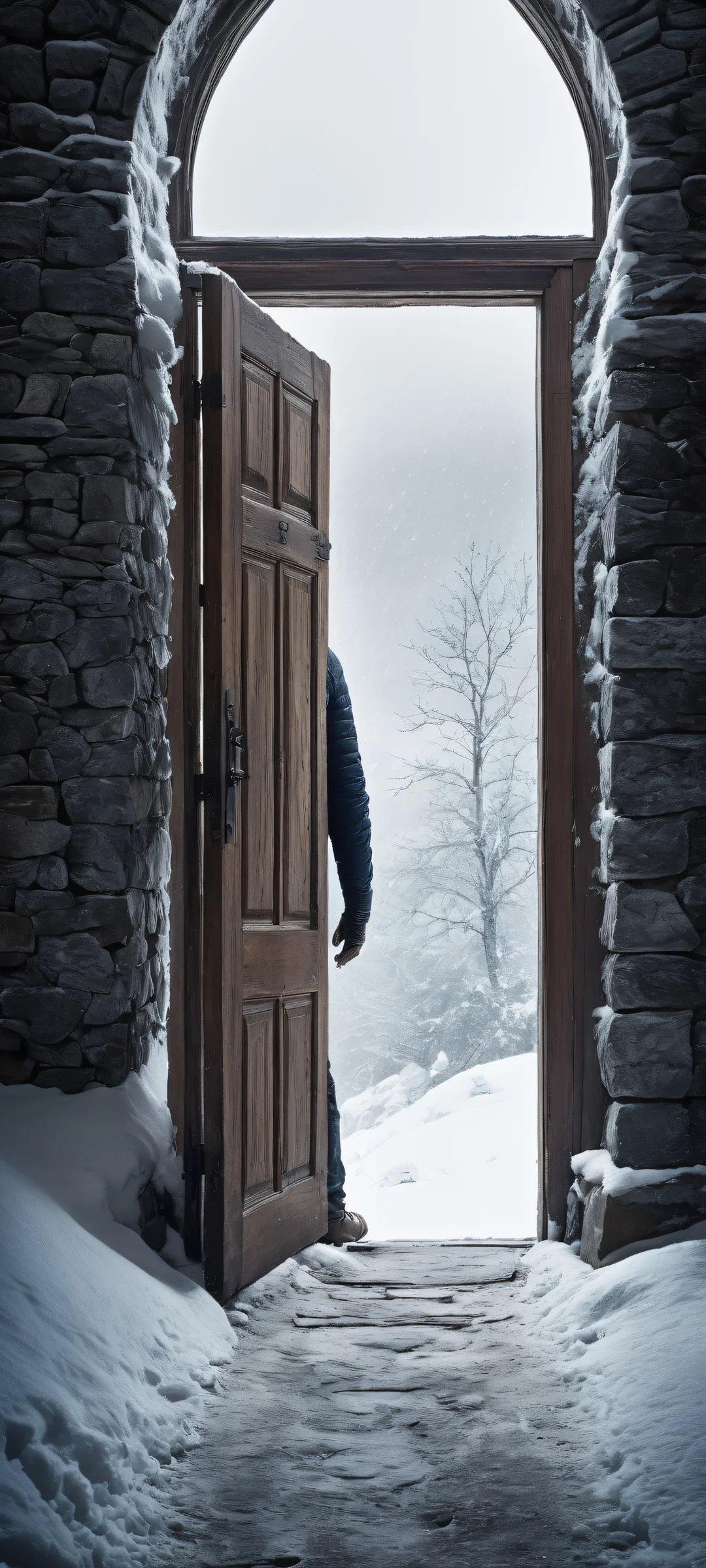 A dramatic digital painting of a doorway set against a snowy backdrop, optimized for iPhone and Android devices.