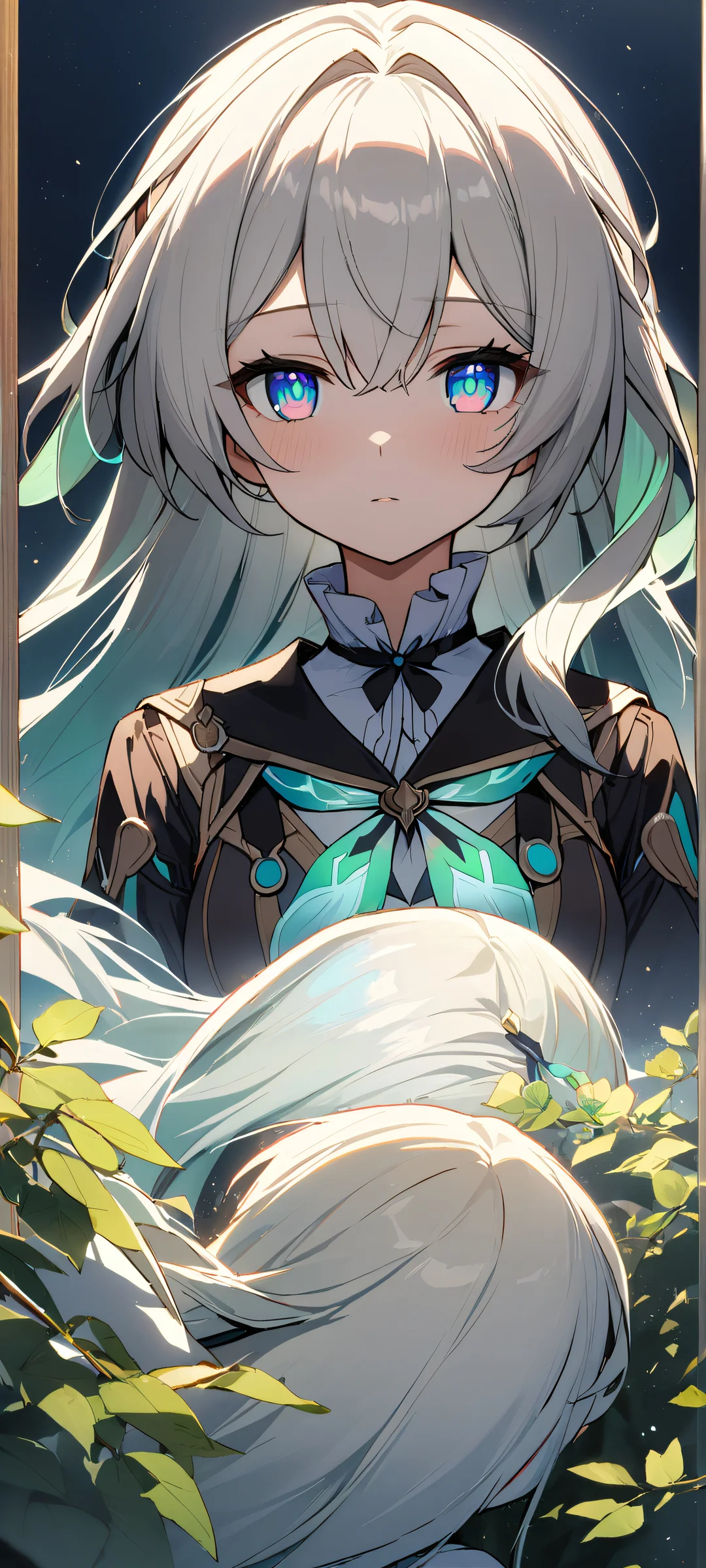 A mesmerizing portrait of a girl gazing at the viewer from a stunning firefly-lit background, perfectly optimized for iPhone/Android home screens.