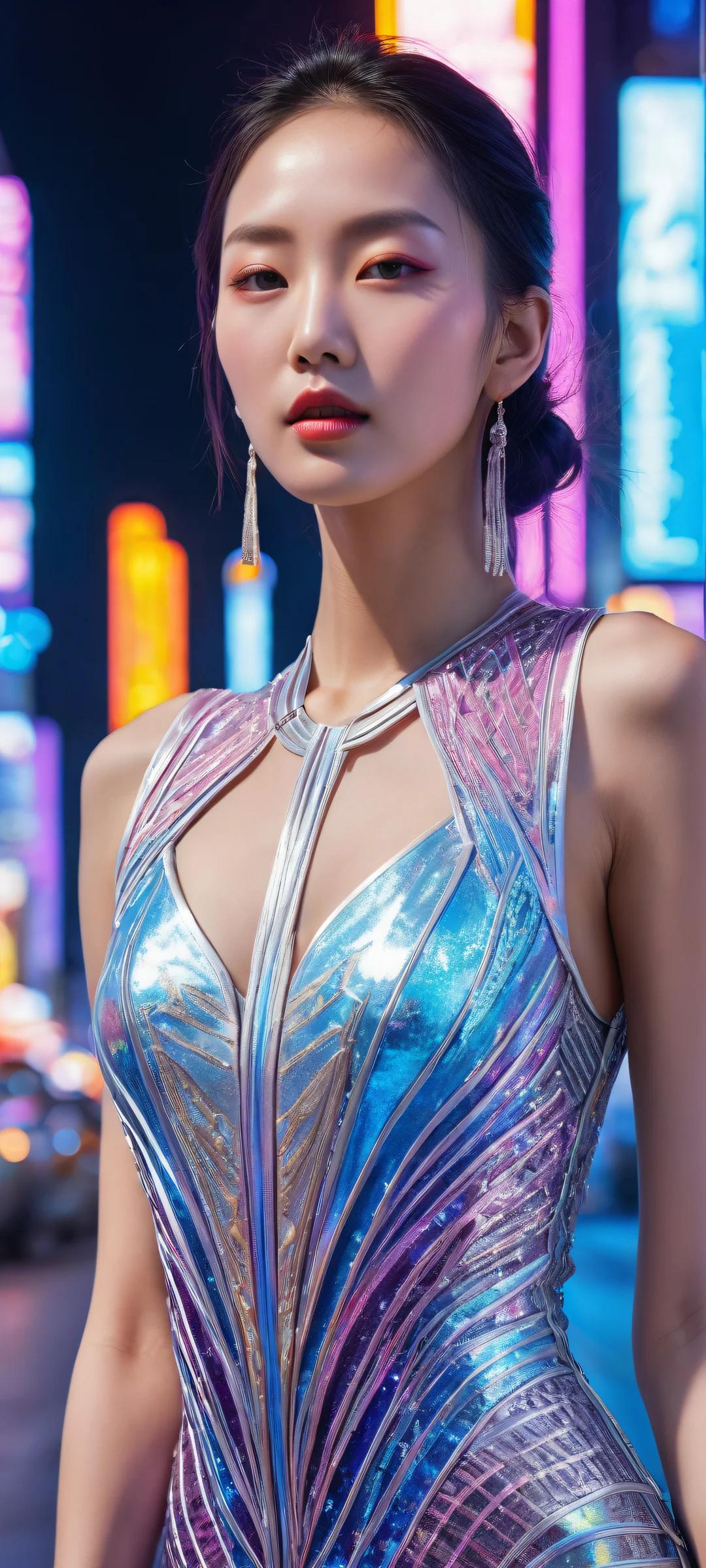 Breathtaking vertical portrait artwork of Song So Mi, iPhone/Android perfect UI, neon-lit cityscape background