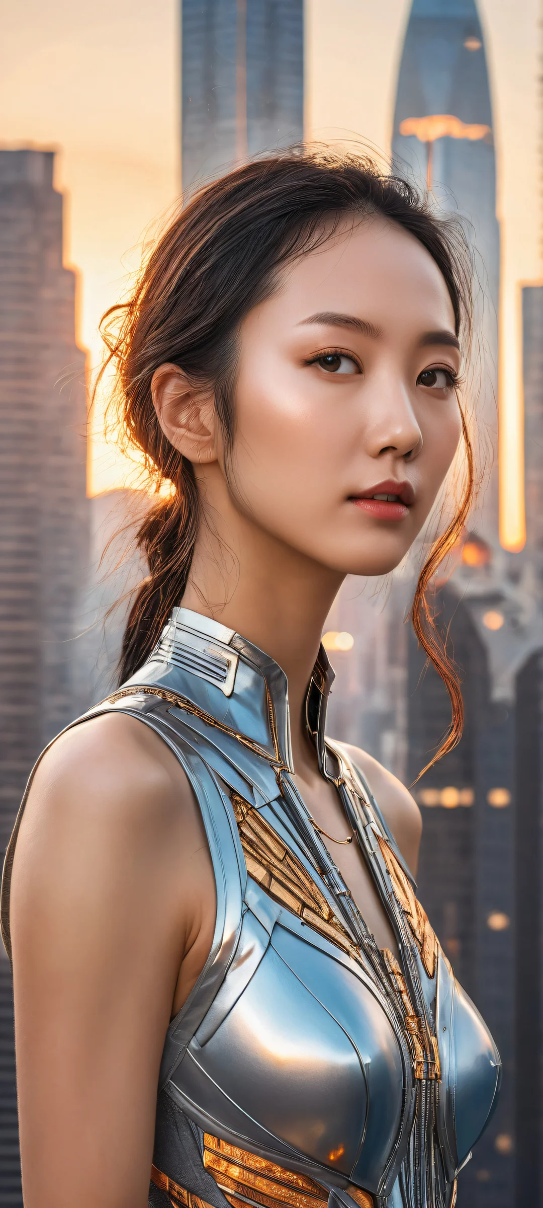 Ethereal artwork featuring Song So Mi with futuristic cybernetic enhancements, set against a stunning cityscape at sunset in Night City. Perfectly optimized for iPhone and Android home screens.