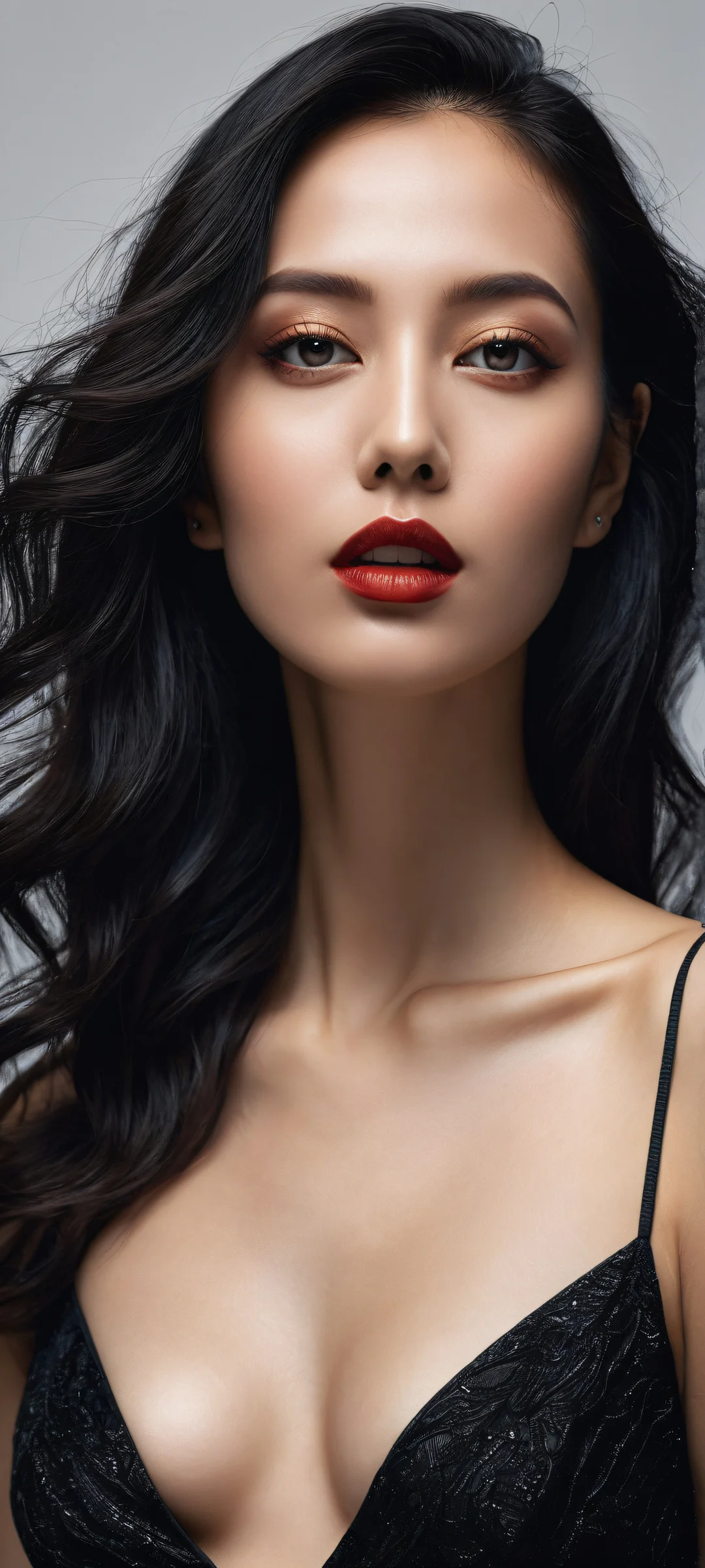 A woman with a stunning medium breast as the main subject, iPhone/Android wallpaper featuring elegant luminescent accents and rich jewel-tones.