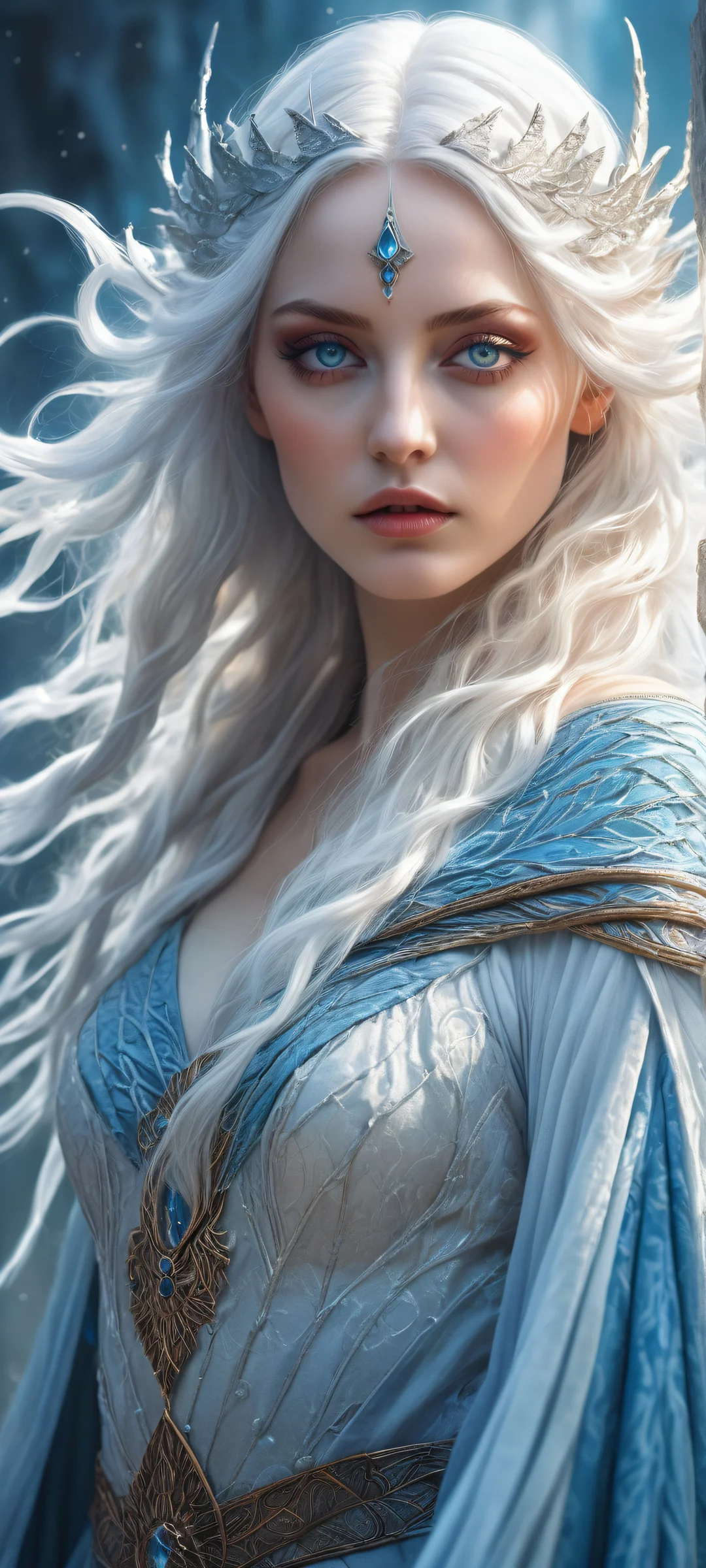 Enigmatic sorceress with intricate micro-details on her mystical cloak and eyes that seem to pierce through the void, as if gazing directly at iPhone/Android users.