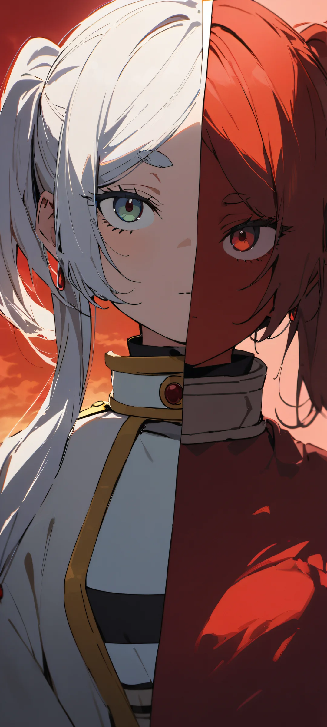 Beautiful anime-inspired portrait of Sousou gazing directly at the viewer on an iPhone or Android device, with a striking crimson background and subtle gold accents.