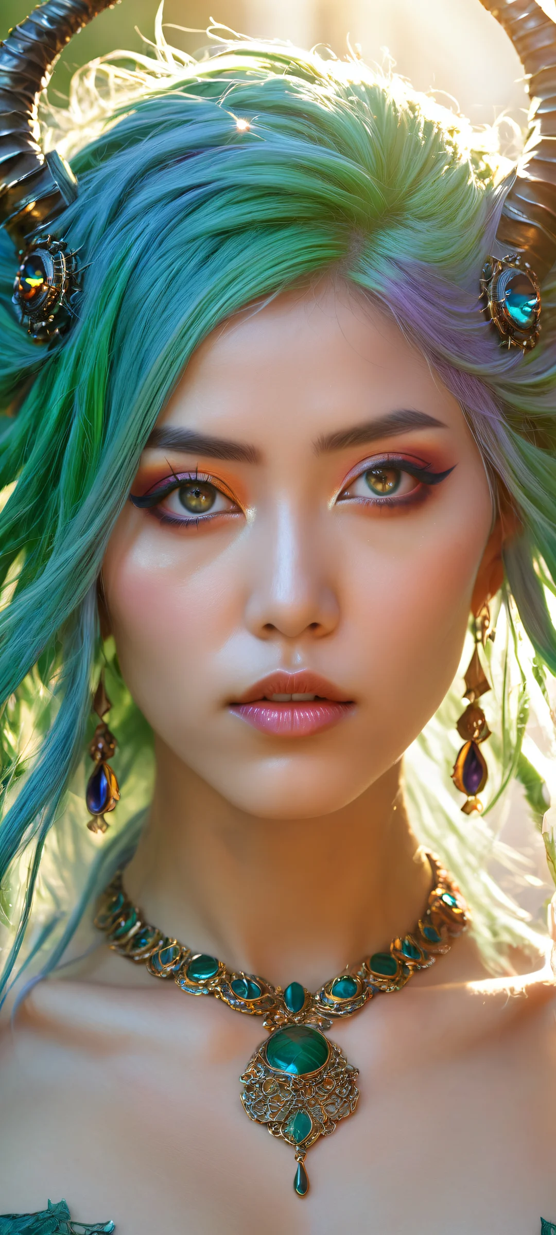 Breathtaking portrait of Sousou No Frieren, a powerful demon with intricate details on her green hair and necklace, Perfectamente optimizado para pantallas de inicio de iPhone/Android..
