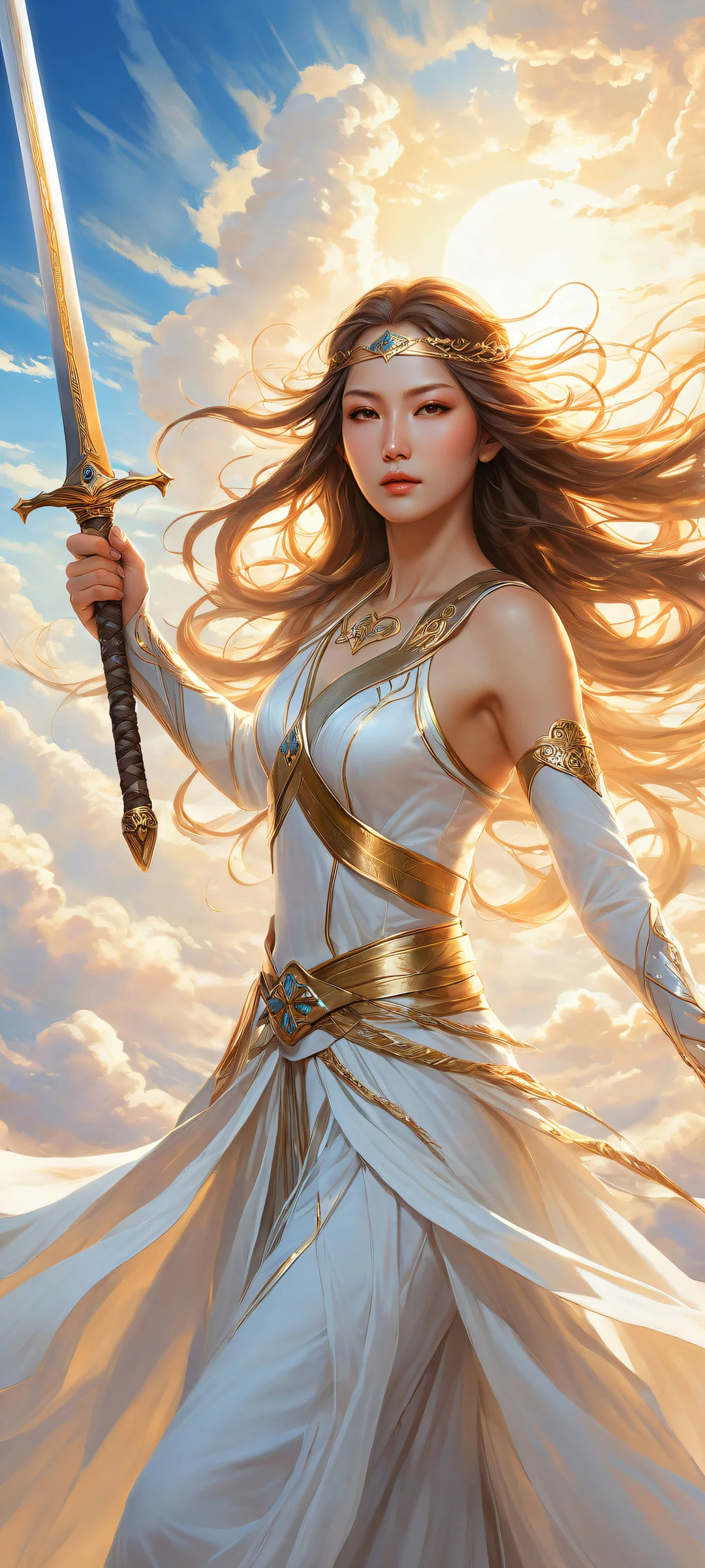 A stunning portrait of Swordswoman Sousou No Frieren, blindfolded and wielding a sword, set against a serene sky with fluffy white clouds, perfectly optimized for iPhone and Android home screens.