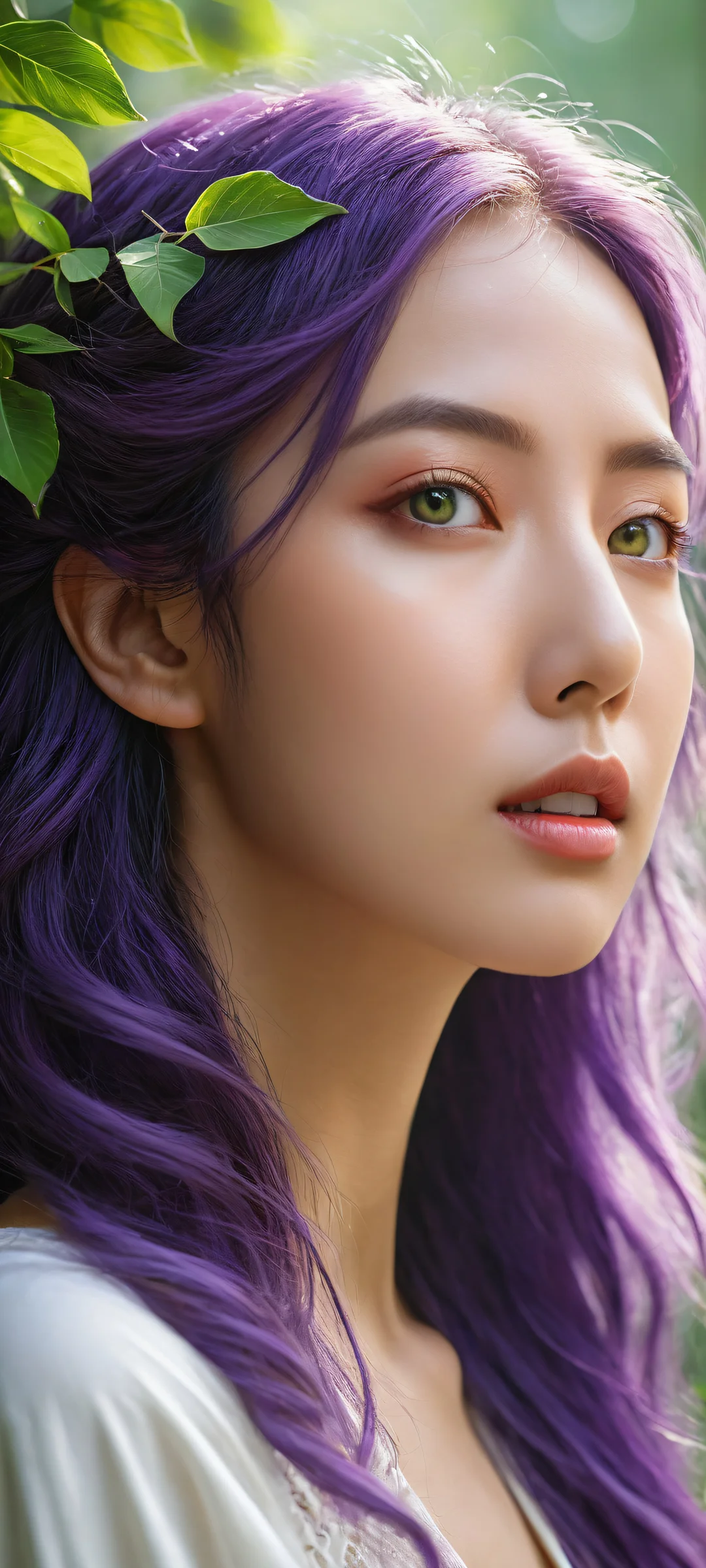 Ethereal portrait of Sousou No Frieren on iPhone and Android, featuring intricate purple hair and eyes, with a vast greenery background.