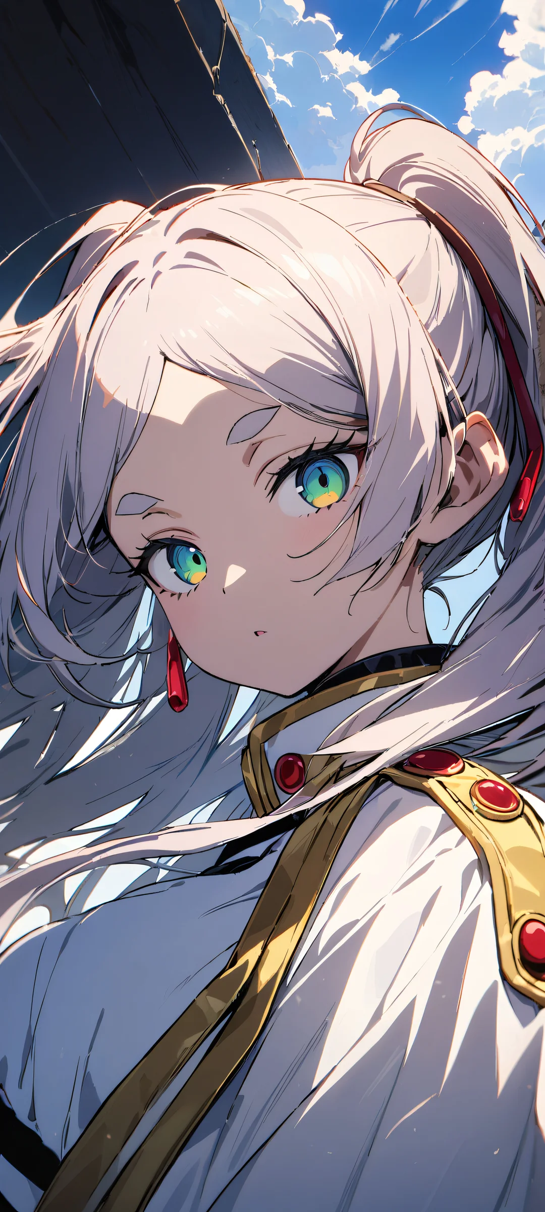 A stunning portrait of Sousou looking directly at the viewer on an iPhone or Android device. Vibrant and detailed, with a beautiful anime-inspired sky.