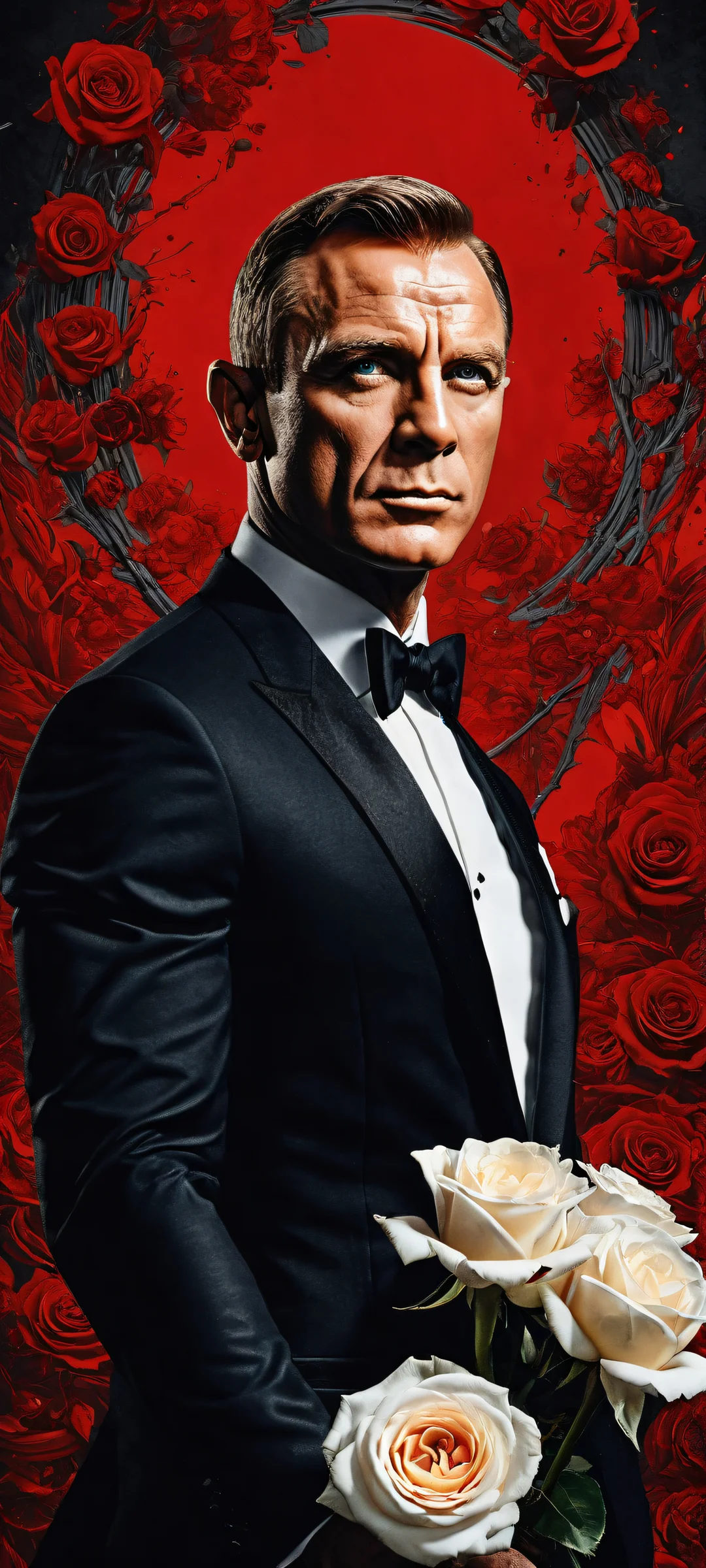 James Bond's partner surrounded by sci-fi details and Soviet Union symbols on a dark mode background, optimized for iPhone/Android home screens.