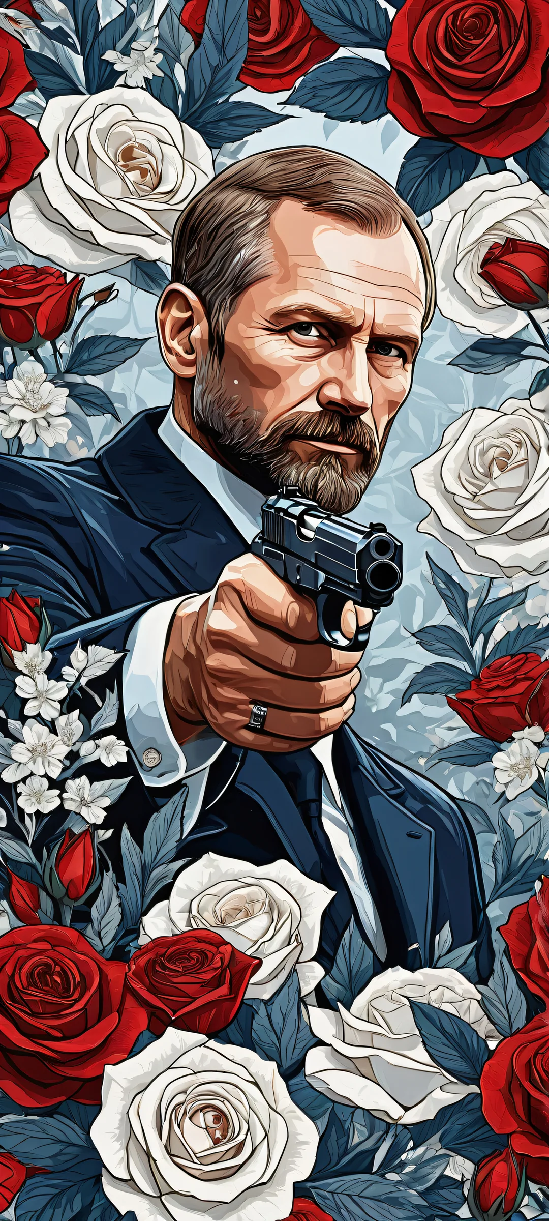 Russian spy portrait with Makarov pistol and okrovedenny flowers, perfekt optimiert für iPhone/Android-Startbildschirme.