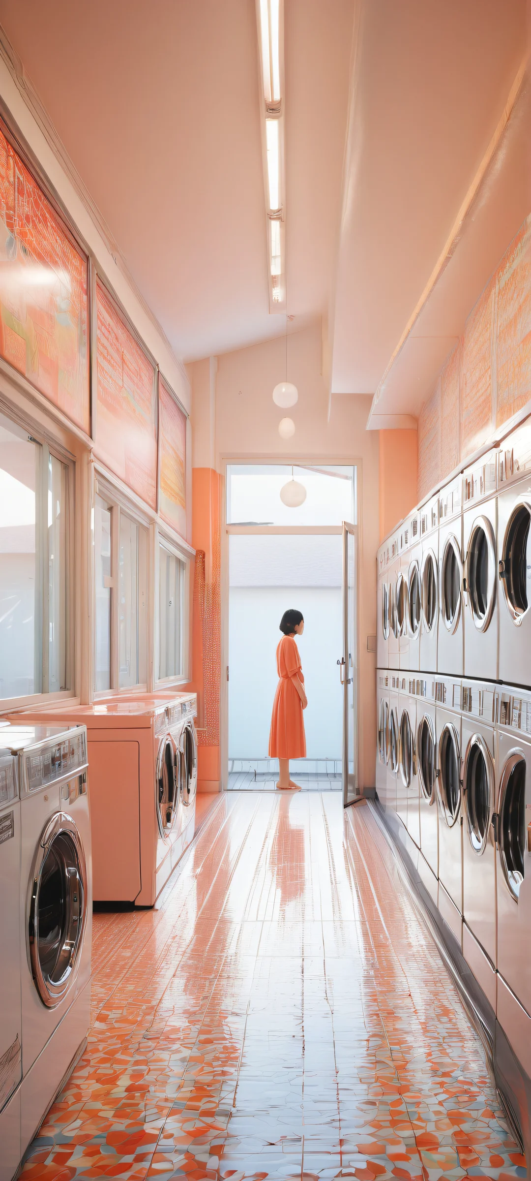 A serene digital art featuring Chihaya and Nagasaki Soyo in a peaceful laundromat setting, perfectly optimized for iPhone/Android home screens.
