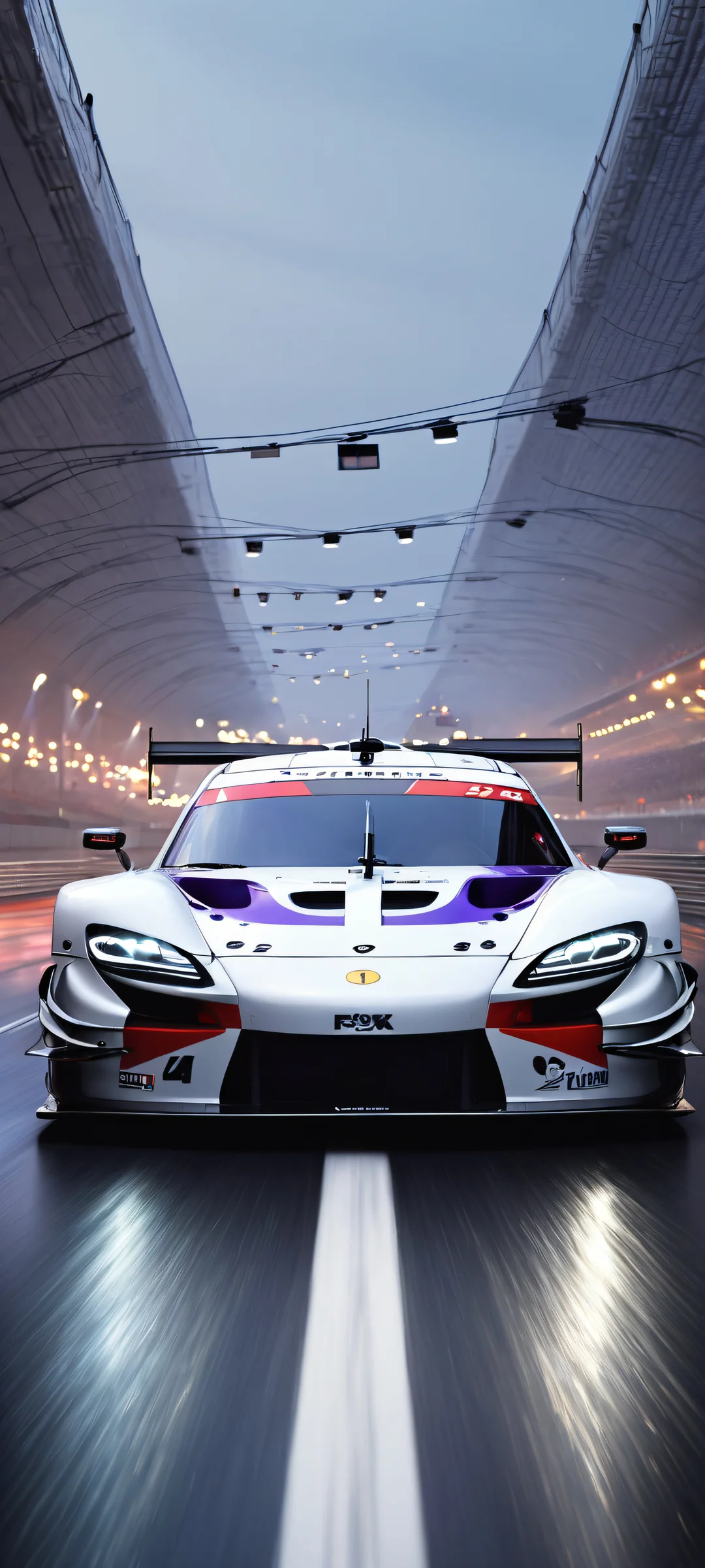 A stunning vertical portrait of a GT3 racing car on a darkened night sky, perfectly optimized for iPhone and Android home screens.