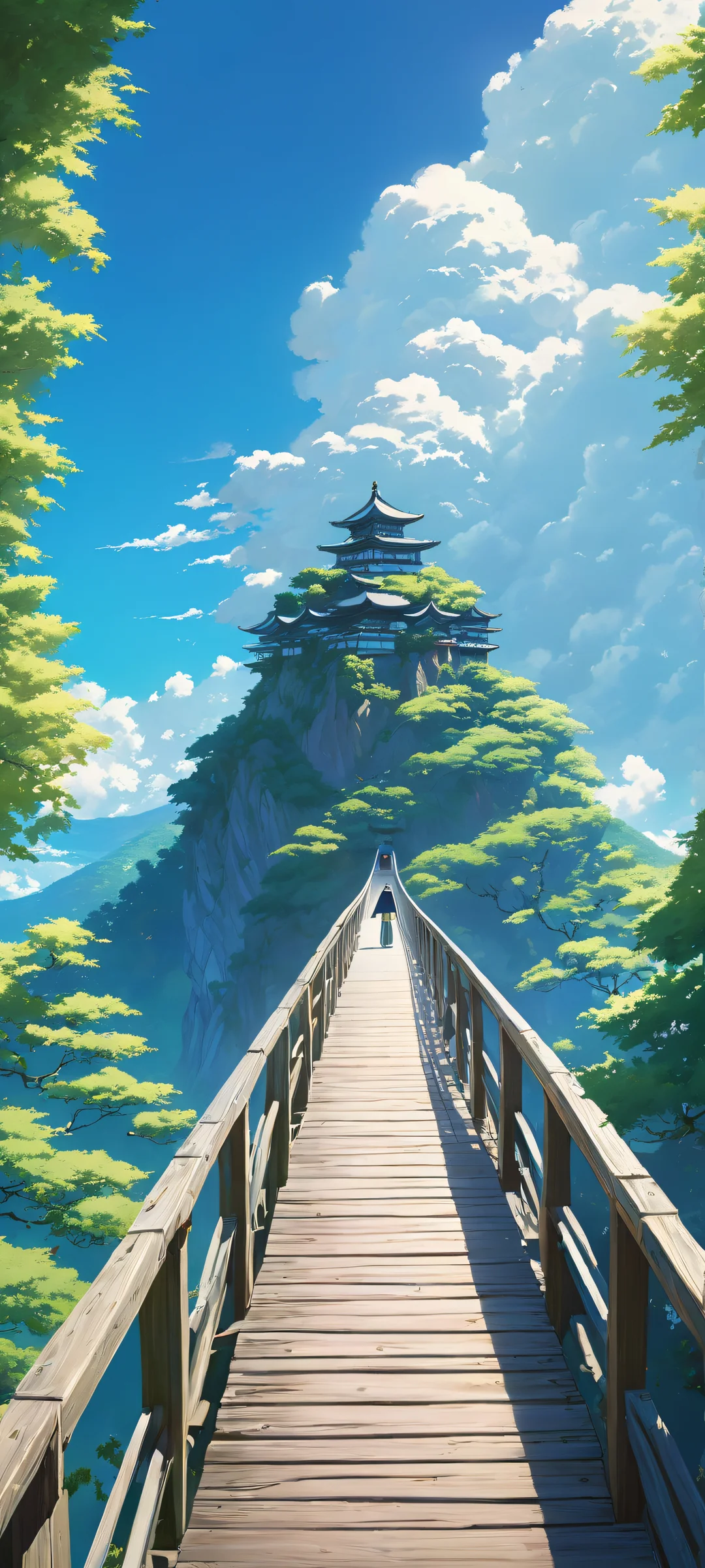 iPhone and Android mobile background featuring No-Face from Spirited Away, with a serene anime-inspired scene of a bridge surrounded by trees and clouds against a bright blue sky.