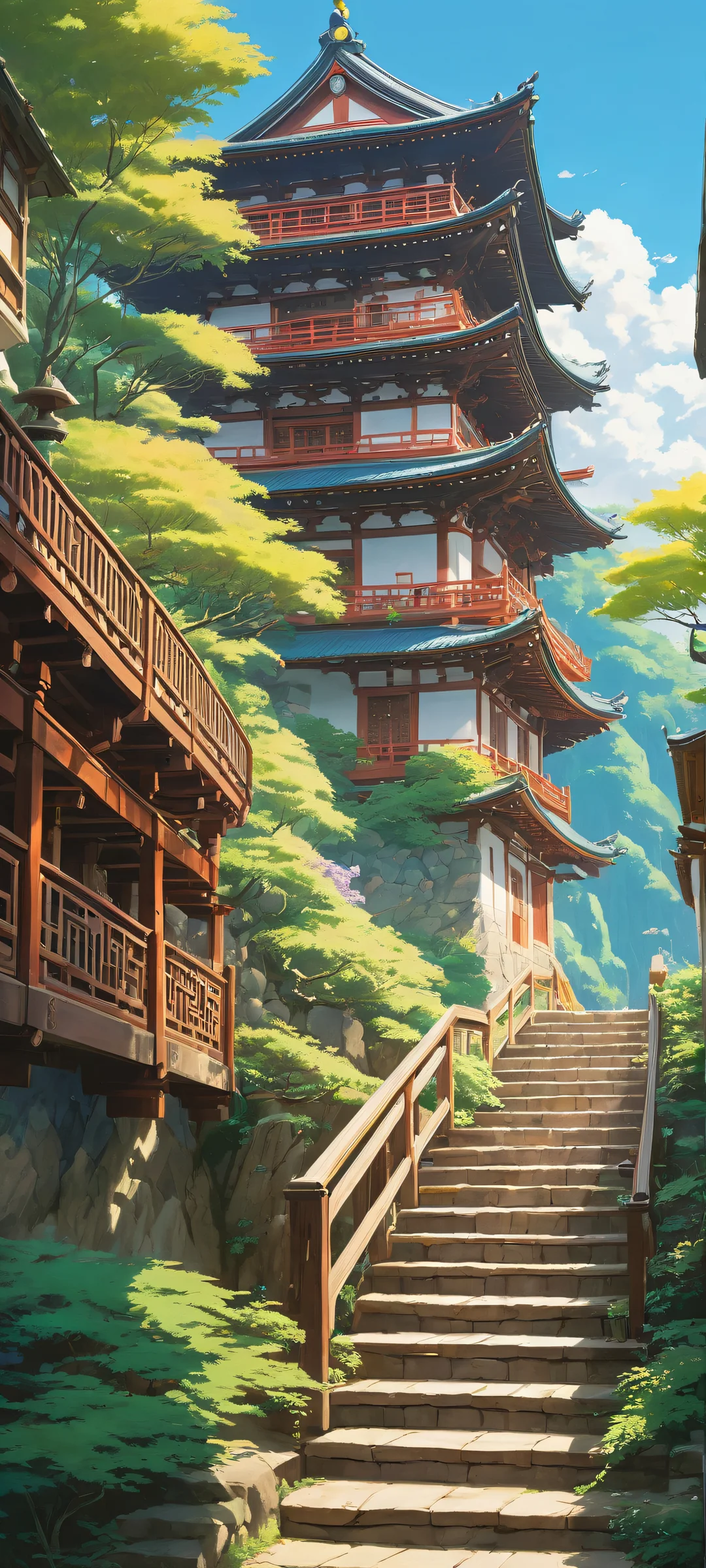 Ethereal stairway artwork featuring intricate railing and ancient Japanese architecture signs, perfekt optimiert für iPhone/Android-Startbildschirme.