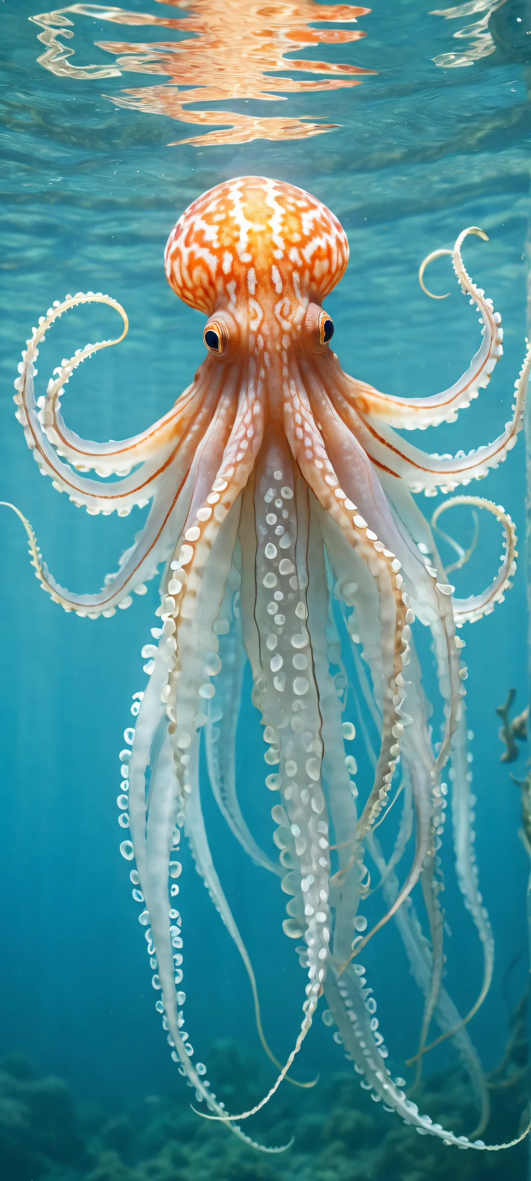 A majestic squid with translucent skin and mesmerizing tentacles against a dramatic underwater scene featuring swirling ocean currents and seaweed. Perfekt für iPhone-/Android-Startbildschirme.