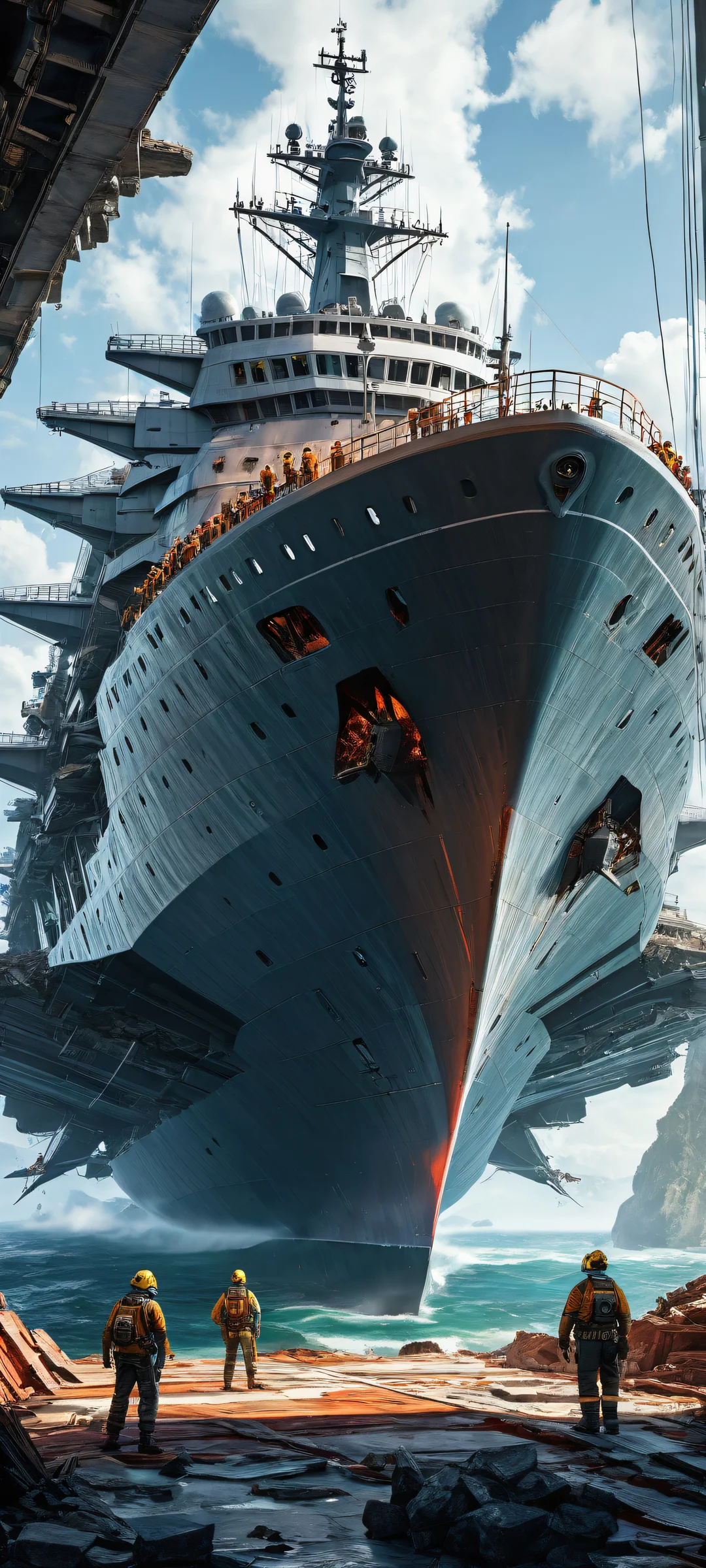 iPhone and Android users will be amazed by the stunning vertical portrait artwork of Starship Civitai crew members amidst a chaotic background, with intricate micro-details discussing ship damage. Perfectly optimized for iPhone, Samsung Galaxy, and Android home screens.