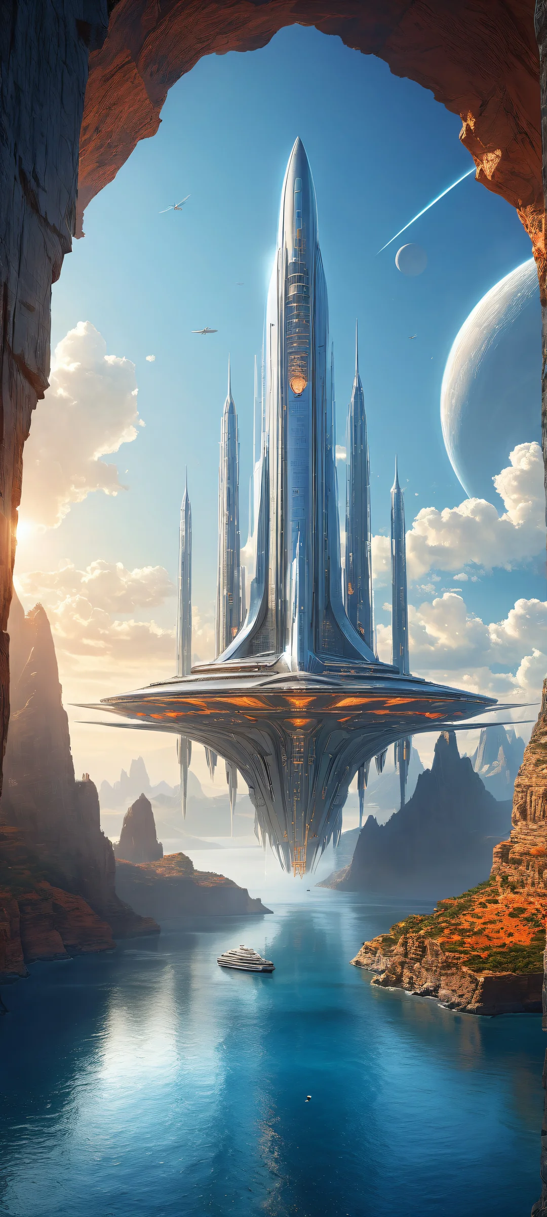 A stunning vertical portrait of Starship Civitai with a damaged bridge, perfectly optimized for iPhone and Android home screens.