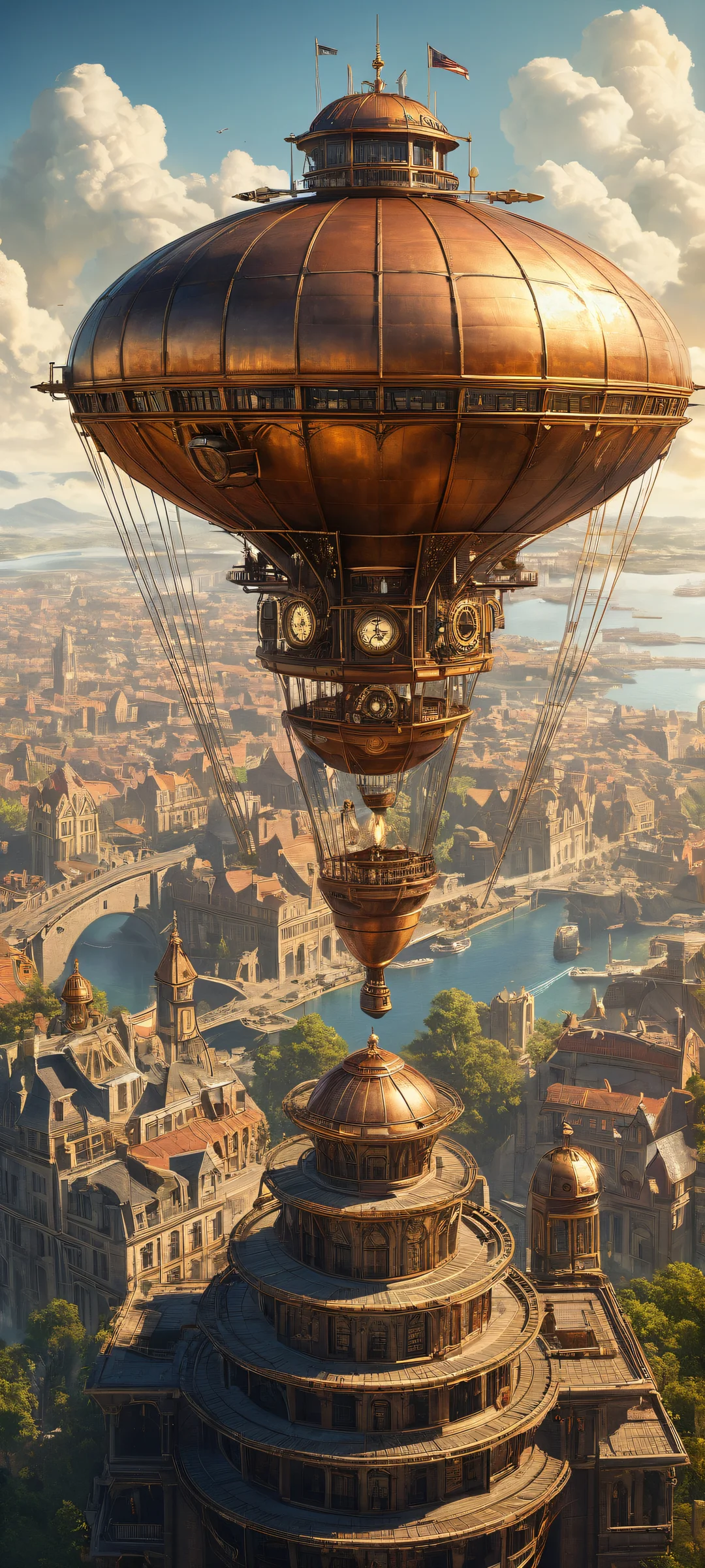 A majestic Steampunk airship landscape on iPhone/Android, with intricate details and a whimsical cityscape in the background.