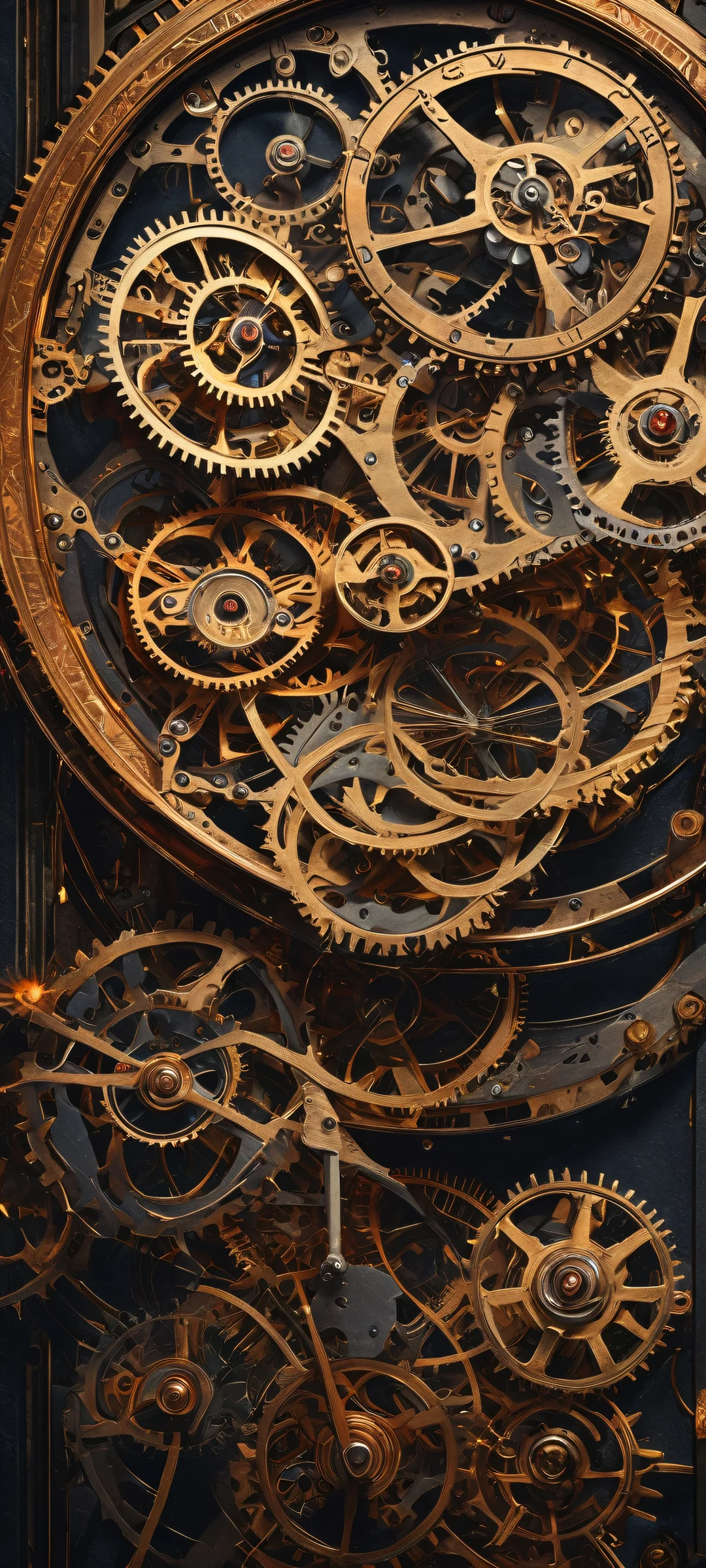 A vintage steampunk inventor amidst intricate clockwork mechanisms on a dark mysterious background, perfect for iPhone/Android home screens.