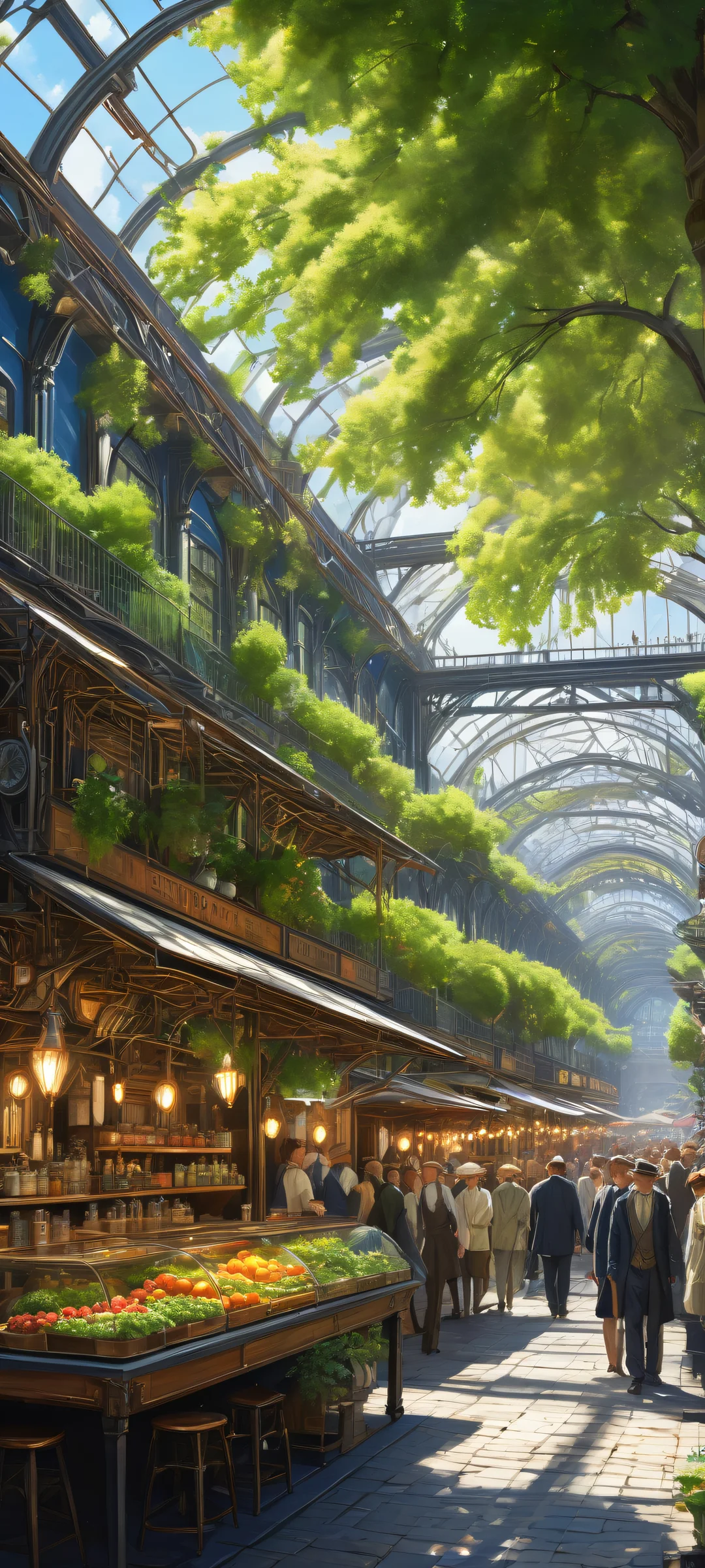 Beautiful steampunk market interior with iPhone/Android perfect mirror reflection on a calm surface, surrounded by nature.