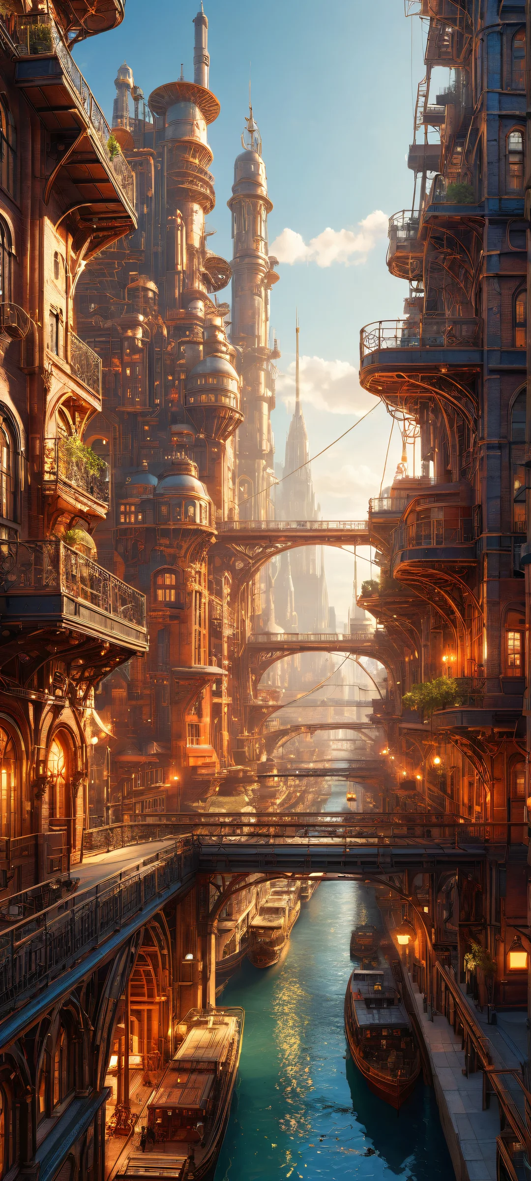 Futuristic cityscape with clockwork mechanisms and cogs on iPhone/Android devices, featuring award-winning digital art with radiant colors and ethereal lighting.