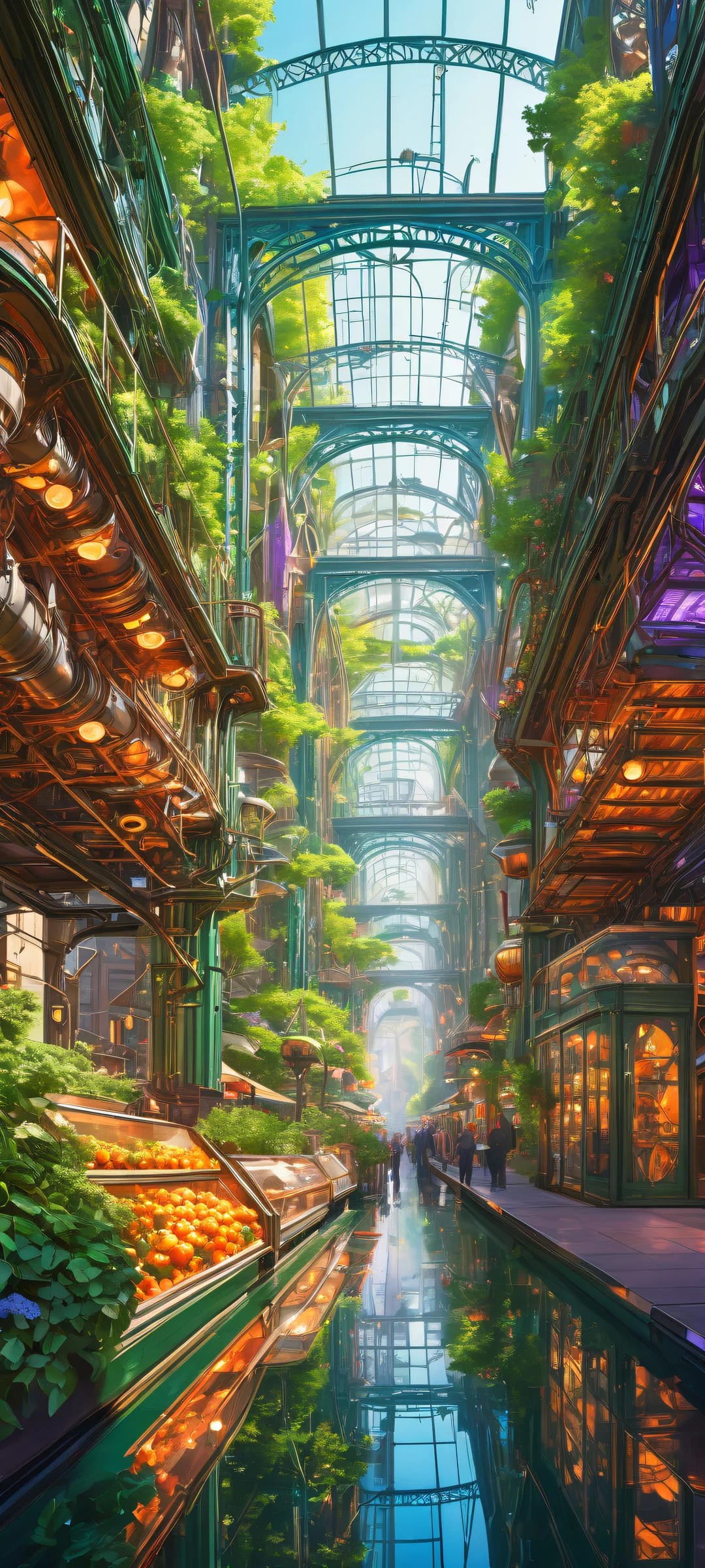 Steampunk Reflections QHD Phone Background iPhone and Android users can now experience the breathtaking artistry of this steampunk reflection composition. A perfectly symmetrical lower half showcases a bustling market interior with mechanical structures and dense crowds, while the top half remains pristine and empty, reflecting the beauty of nature in springtime.