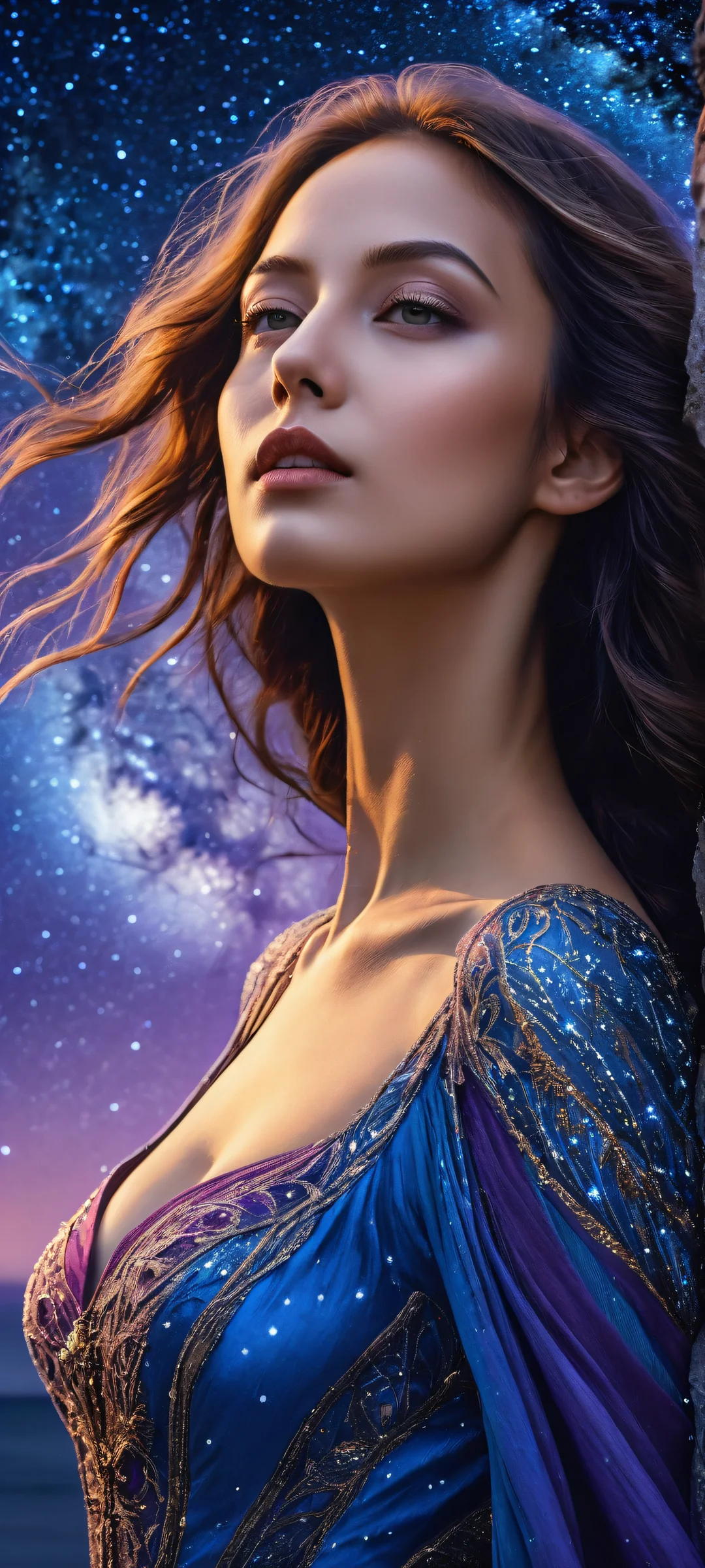 Breathtaking portrait of a woman outdoors against a starry night sky, perfectly optimized for iPhone and Android home screens.