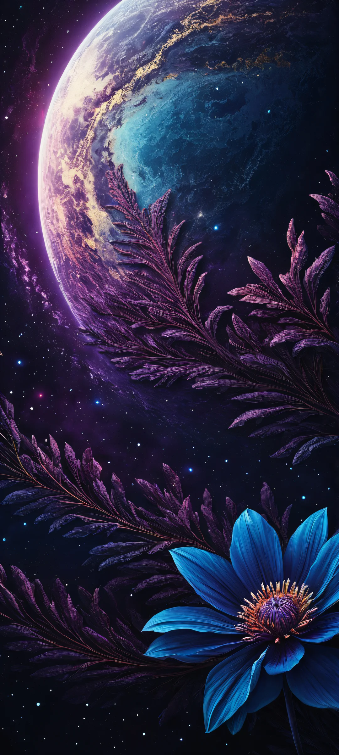 A beautiful space artwork for iPhone and Android featuring a stunning planet with flower petals and stars.