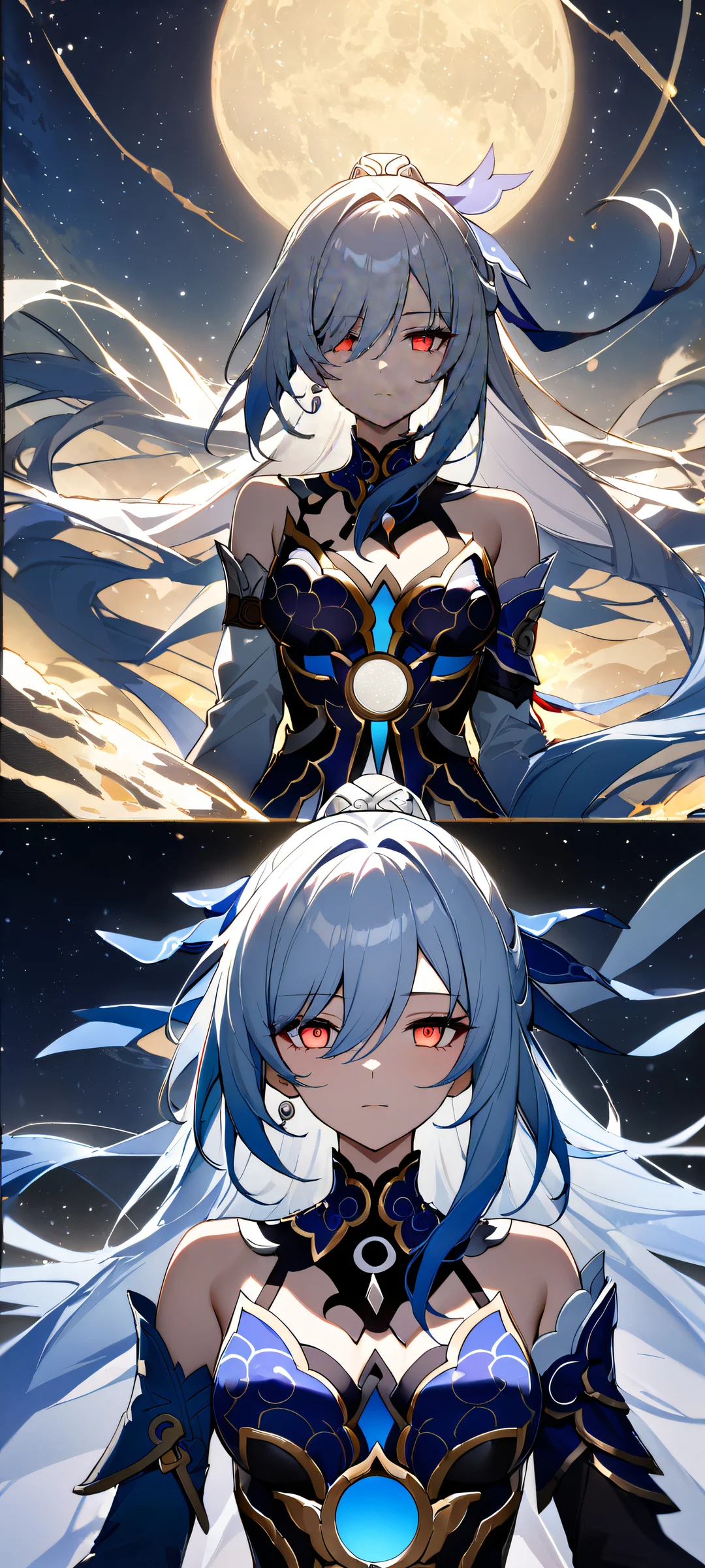 A stunning portrait of Jingliu from Honkai: Star Rail looking at the viewer on a bright and airy iPhone/Android background with a rich, starry night sky