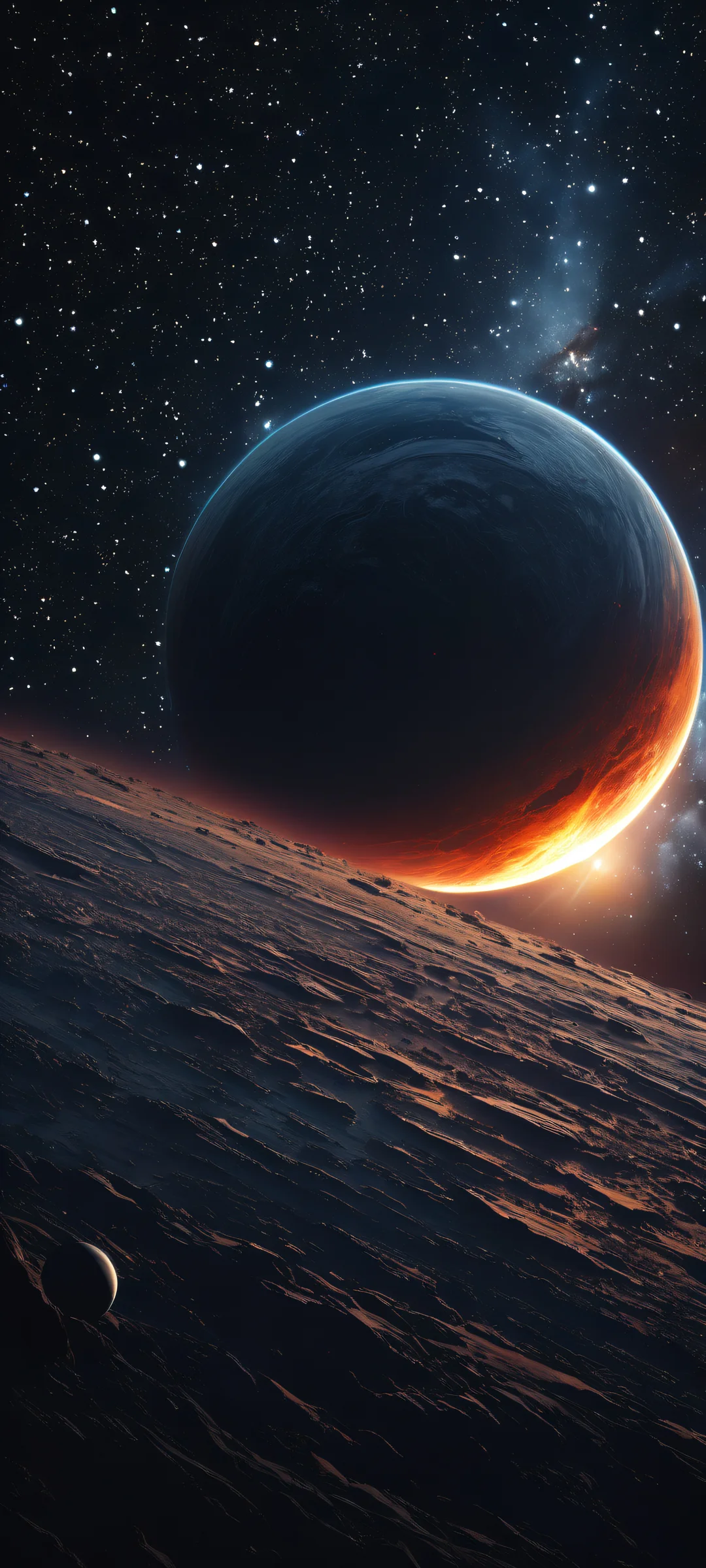 A mesmerizing iPhone/Android wallpaper featuring a stunning portrait of celestial bodies suspended in mid-air against a starry expanse, perfectly optimized for seamless UI breathing space.