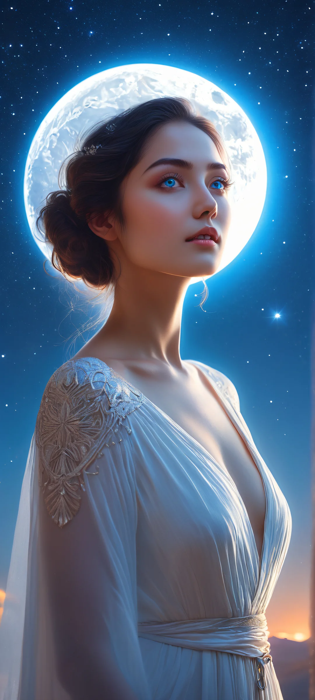 Stellar Gaze QHD Smartphone Backgroundet écrans d'accueil AndroidSamsungGalaxyparfaitement optimisé pour iPhone A majestic celestial being with bright blue glowing eyes against a starry night sky, perfectly optimized for iPhone, Samsung Galaxy, and Android home screens.