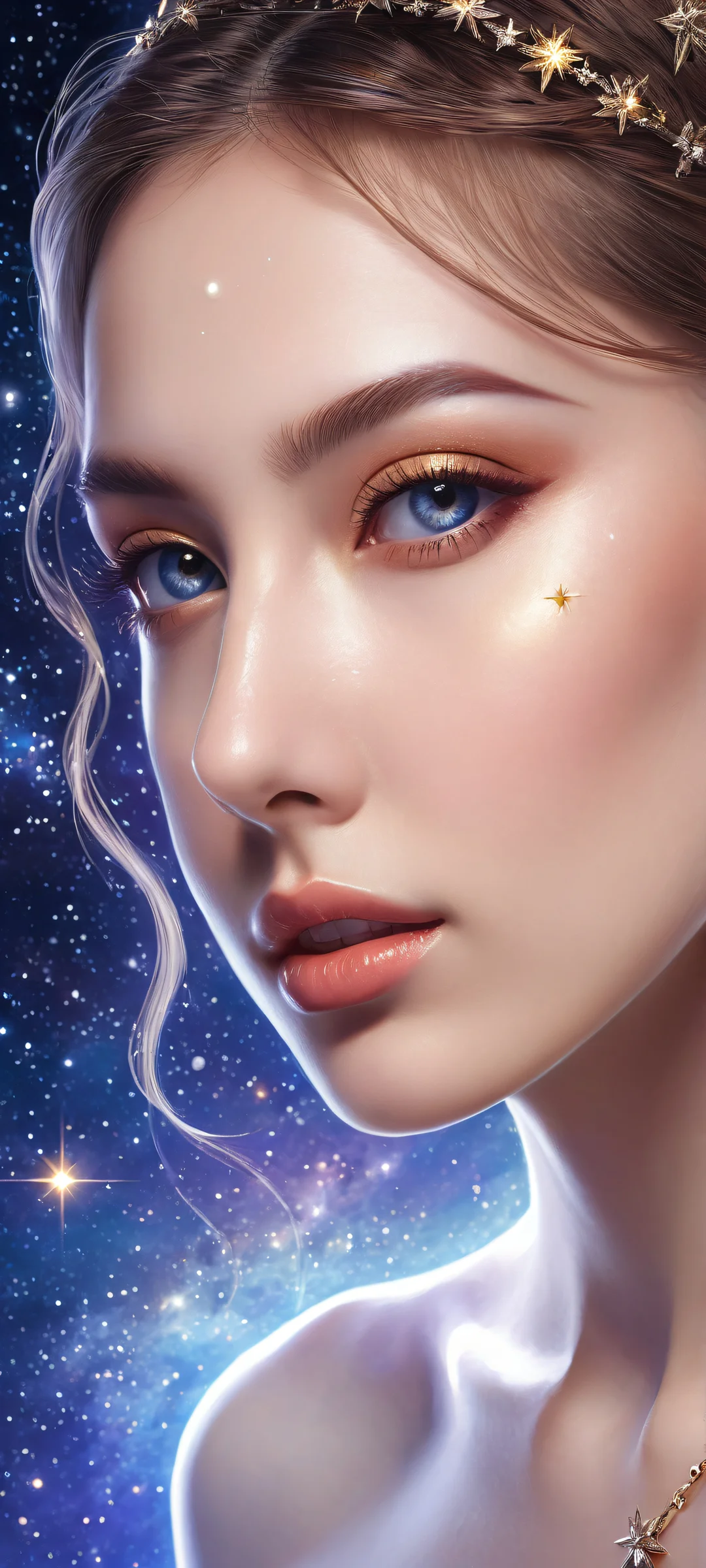 iPhone/Android wallpaper featuring a stunning portrait of a starry galaxy with intricate micro-details and ethereal lighting.