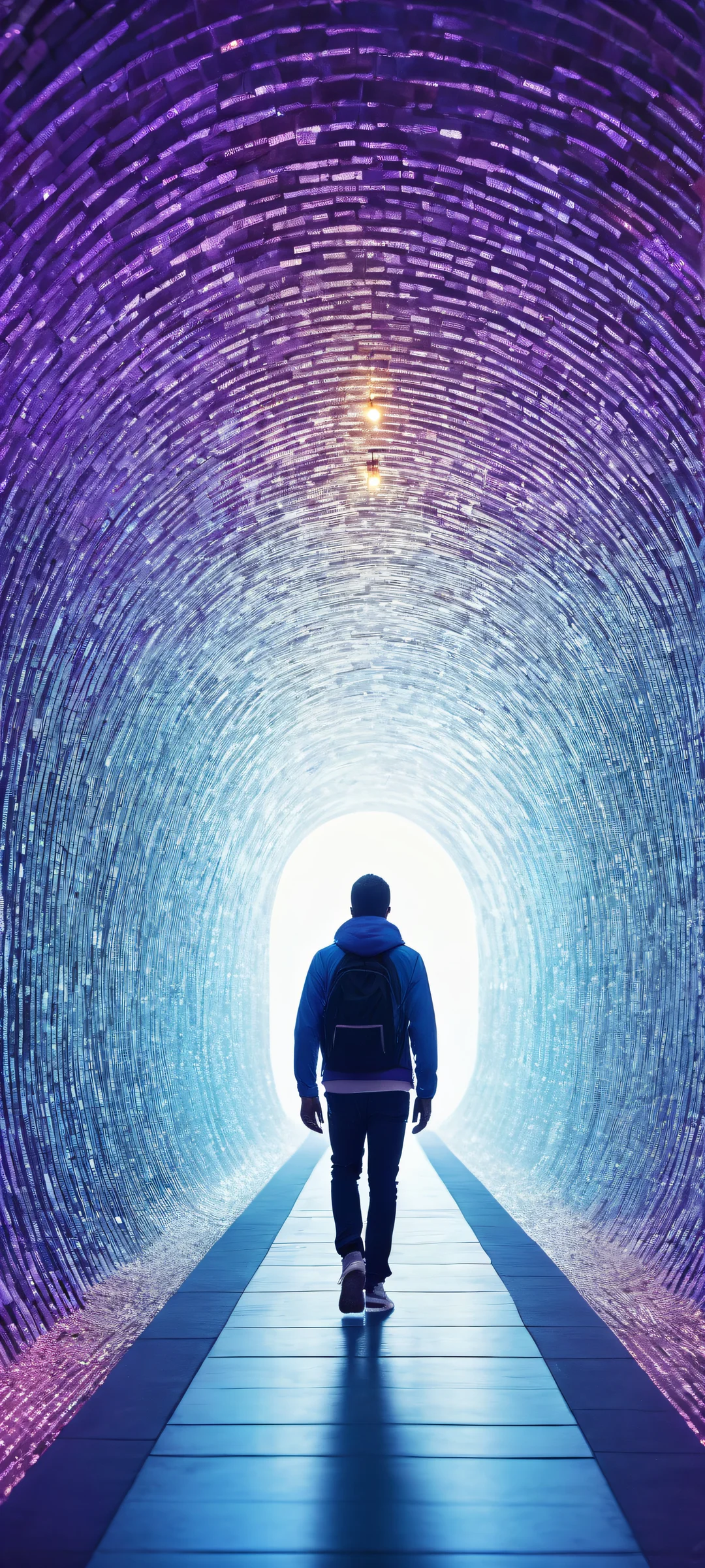 iPhone and Android users will love this breathtaking digital art of a figure walking through a tunnel at night, with a spiral starry sky bokeh and ethereal lighting.