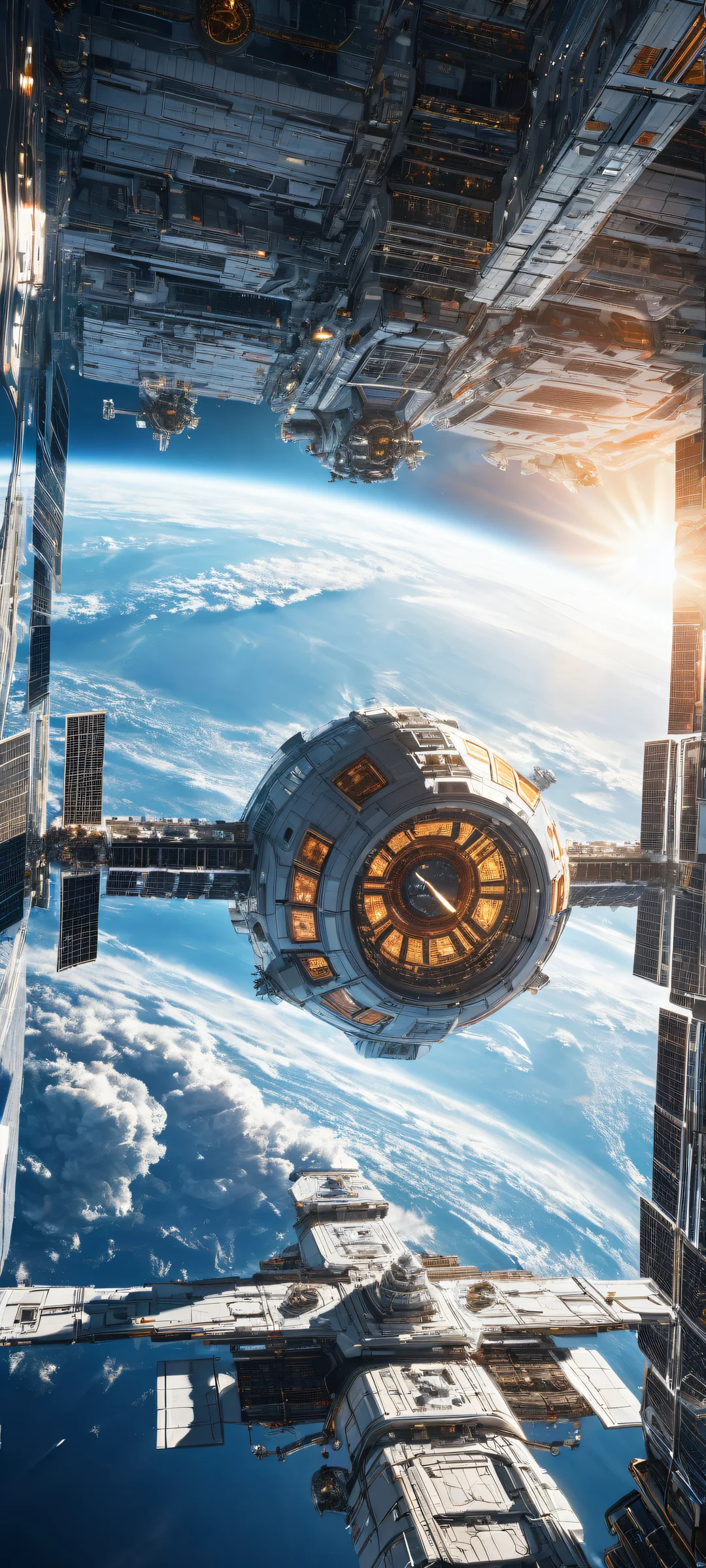 Stellar Oasis 2K Phone Wallpaperperfekt optimiert für iPhone- und Android-Startbildschirme A futuristic space station shines brightly against the backdrop of a breathtaking planetary landscape, perfectly optimized for iPhone and Android home screens.
