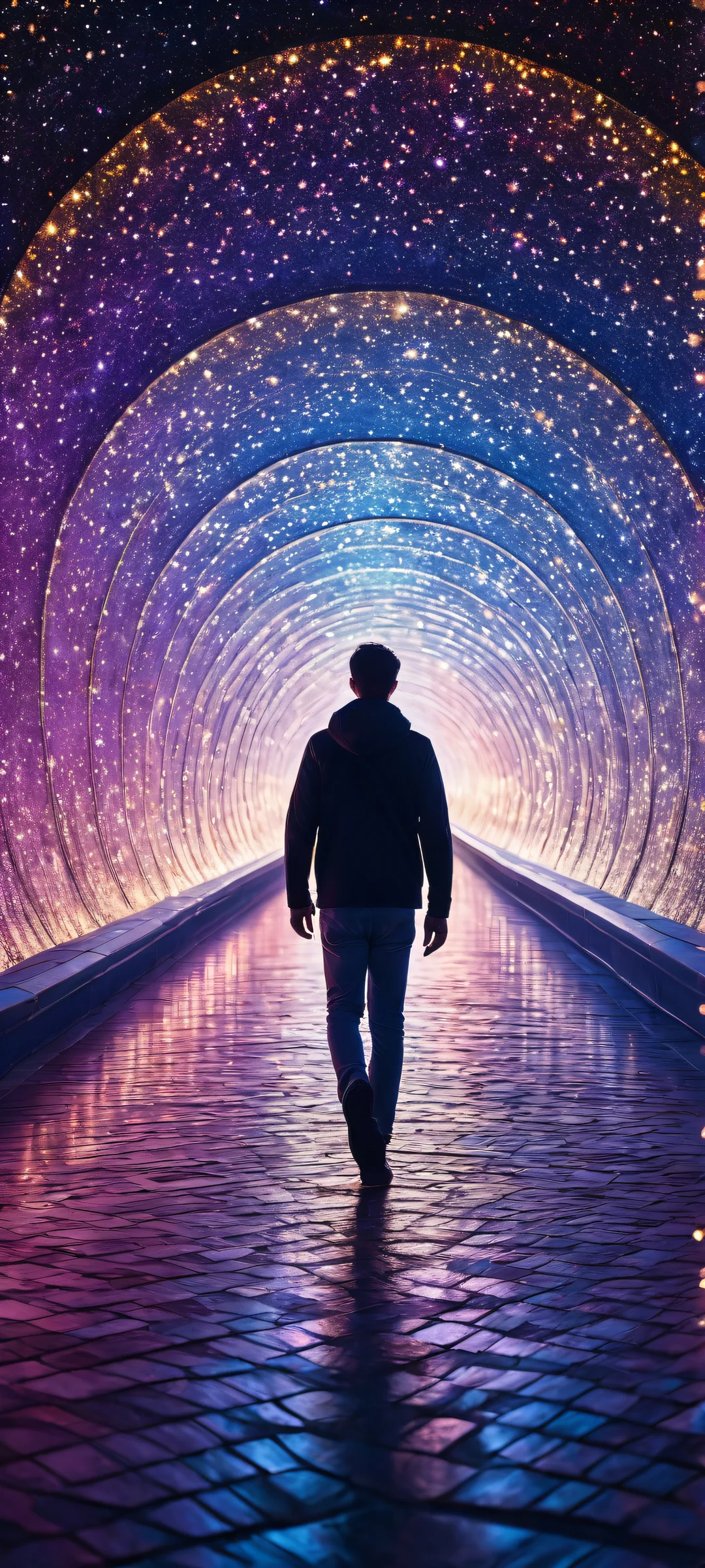 A figure walks through a tunnel of stars against a vast celestial backdrop on an iPhone/Android device, showcasing breathtaking digital art and ethereal lighting.
