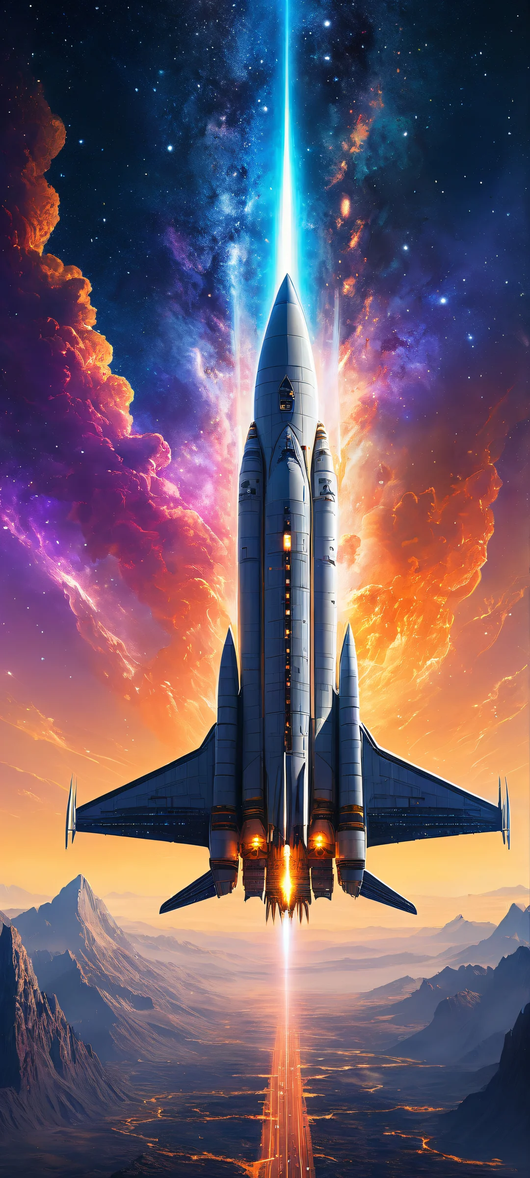 A spaceship amidst a starry void on an iPhone/Android device, with radiant colors and ray-traced reflections.