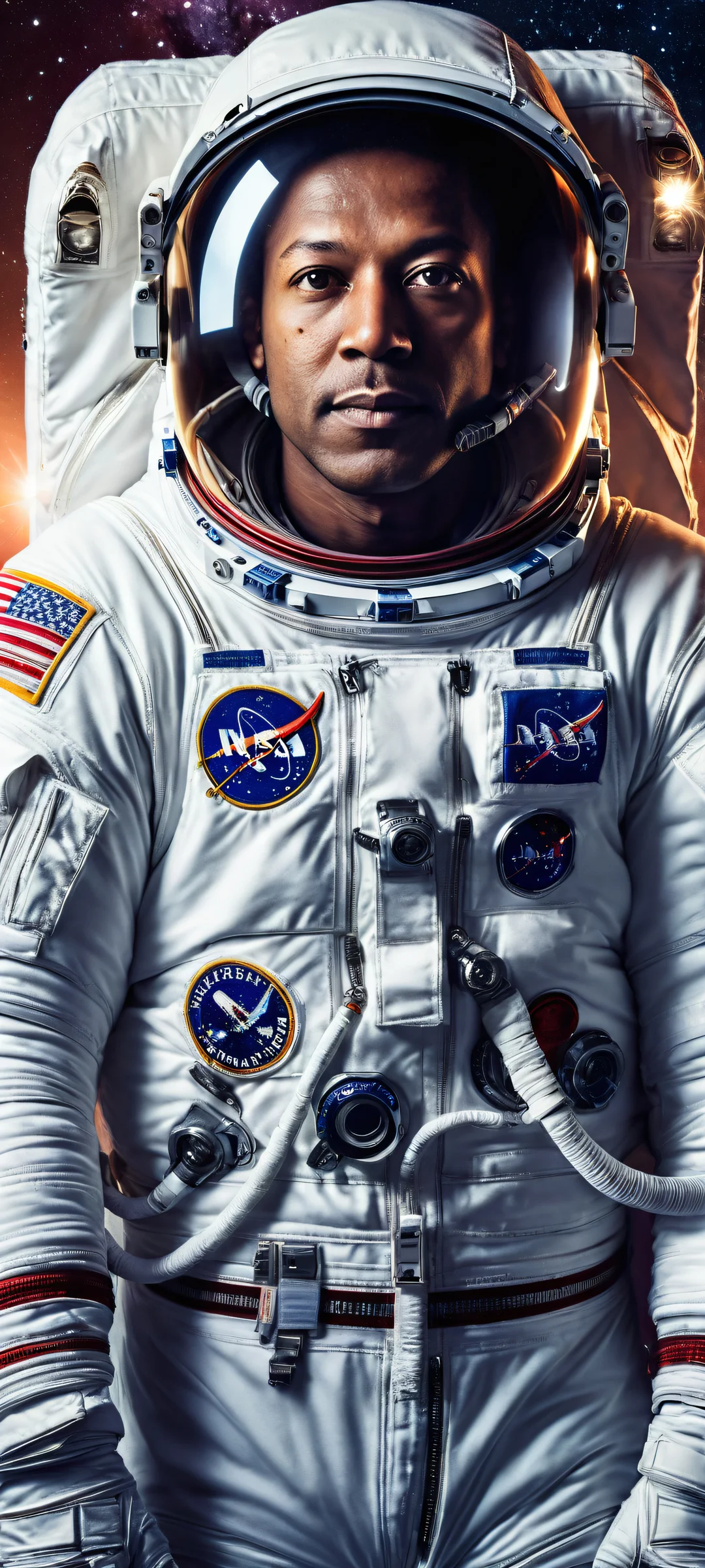 Astronaut in space with iPhone/Android, breathtaking digital art, perfect for home screen