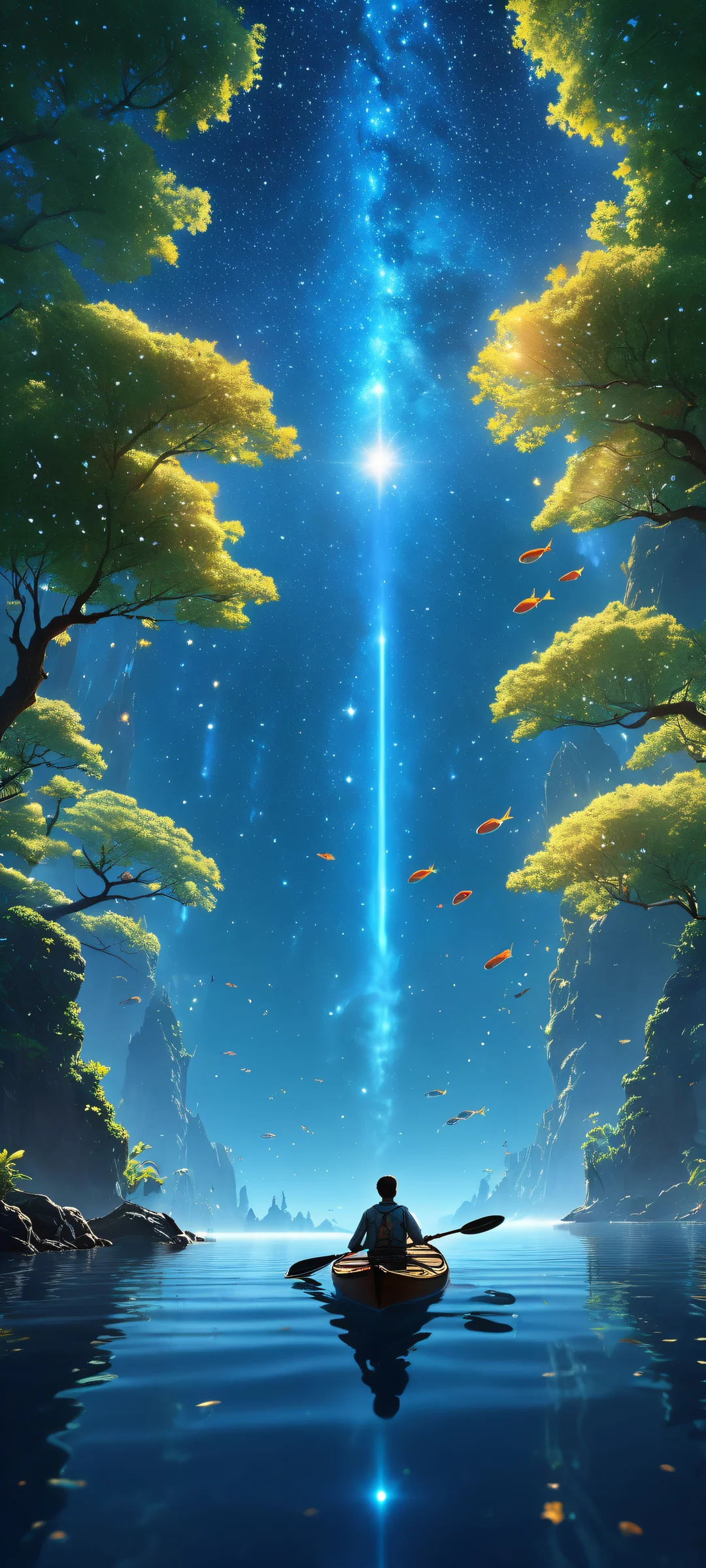 A majestic starry night sky with schools of fish swimming in the waters below, surrounded by lush nenuphar and subtle animals. Perfectly clean top half for UI integration on iPhone or Android.